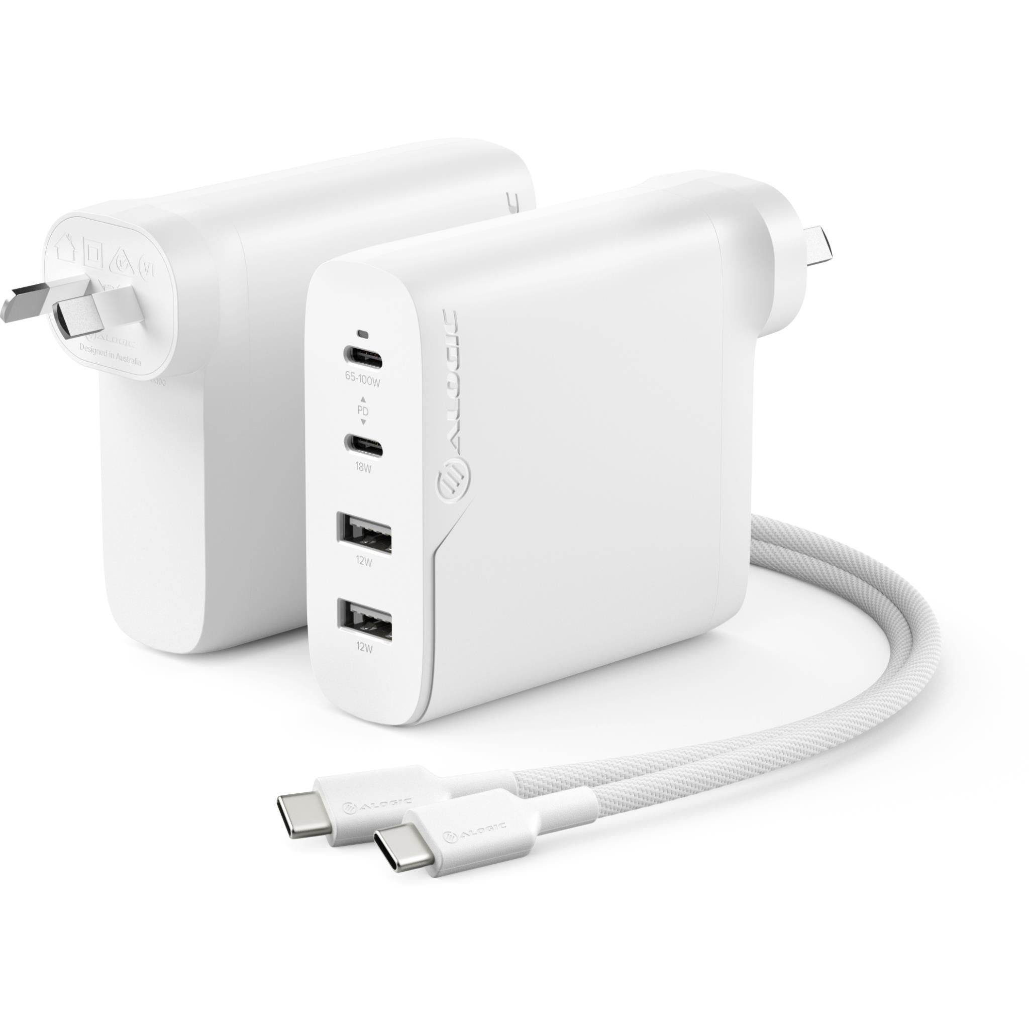 ALOGIC 100W GaN Fast Charger - 4 Port USB C Wall Charger with 100W Cable for MacBook Pro, iPhone 15, iPad, Samsung Galaxy - Compact Travel Charger for Home, Office & Hotel Use