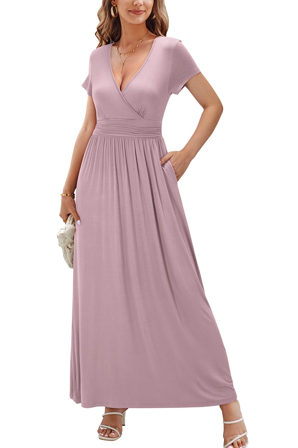 OUGES Women's Long & Short Sleeve V-Neck Wrap Waist Maxi Dress - Elegant Flowy Summer Beach Dress for Vacation, Party & Casual Wear
