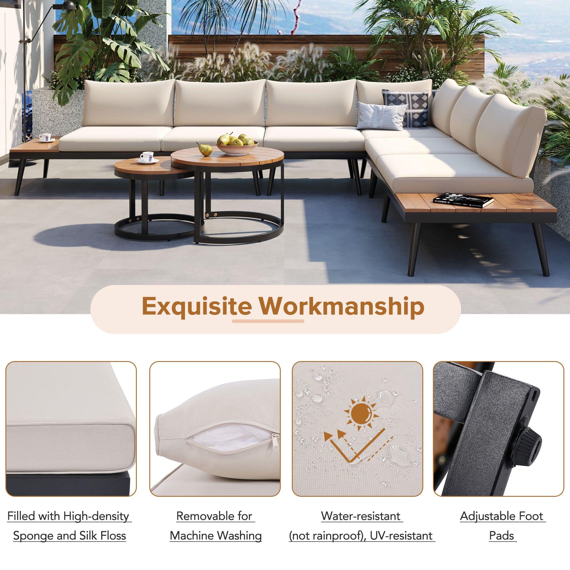 6-Piece Outdoor Sectional Sofa Set with Round Nesting Coffee Tables & Cushioned Seating - Patio, Porch, Garden Furniture for Backyard, Poolside & Outdoor Living Spaces