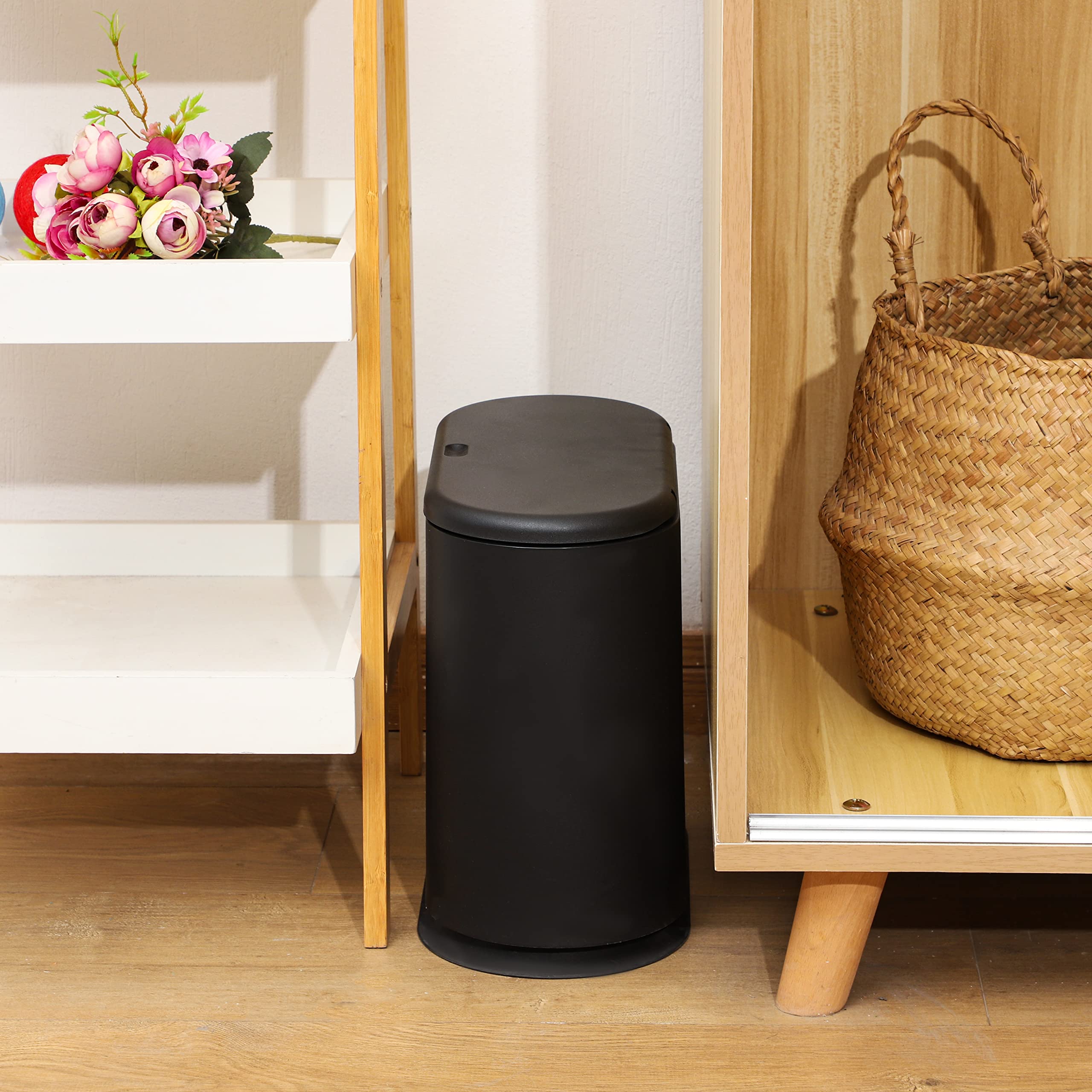 12L Press-Top Plastic Trash Can - 3.17 Gallon Narrow Bathroom Garbage Bin with Lid, Dog-Proof Design for Bedroom, Kitchen, Office & Dorm - Ideal for Small Spaces & Pet Owners (Black, Pack of 1)