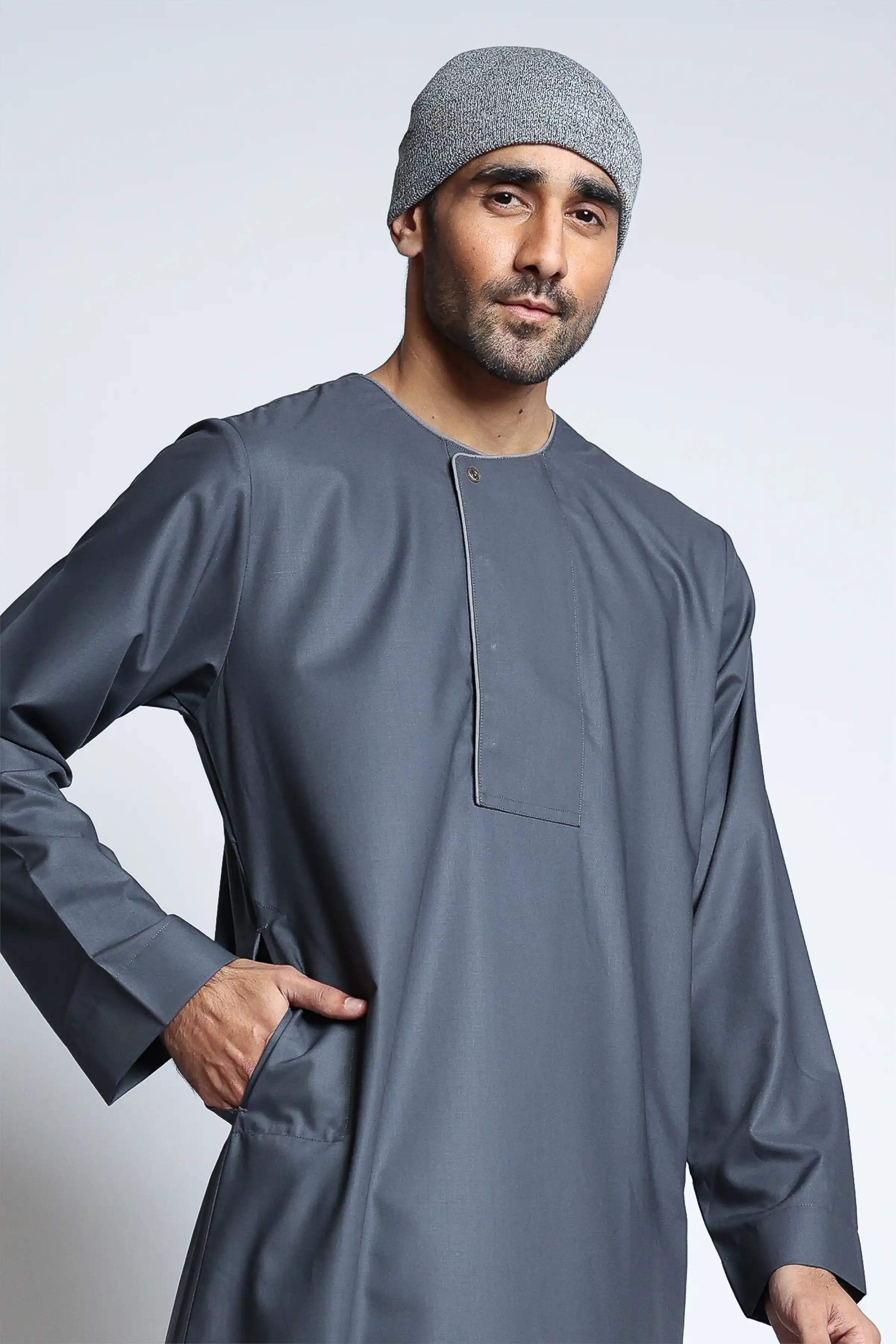 J144 Dusty Grey Piping Thobe - Traditional Islamic Robe for Men | Perfect for Eid, Ramadan & Daily Wear