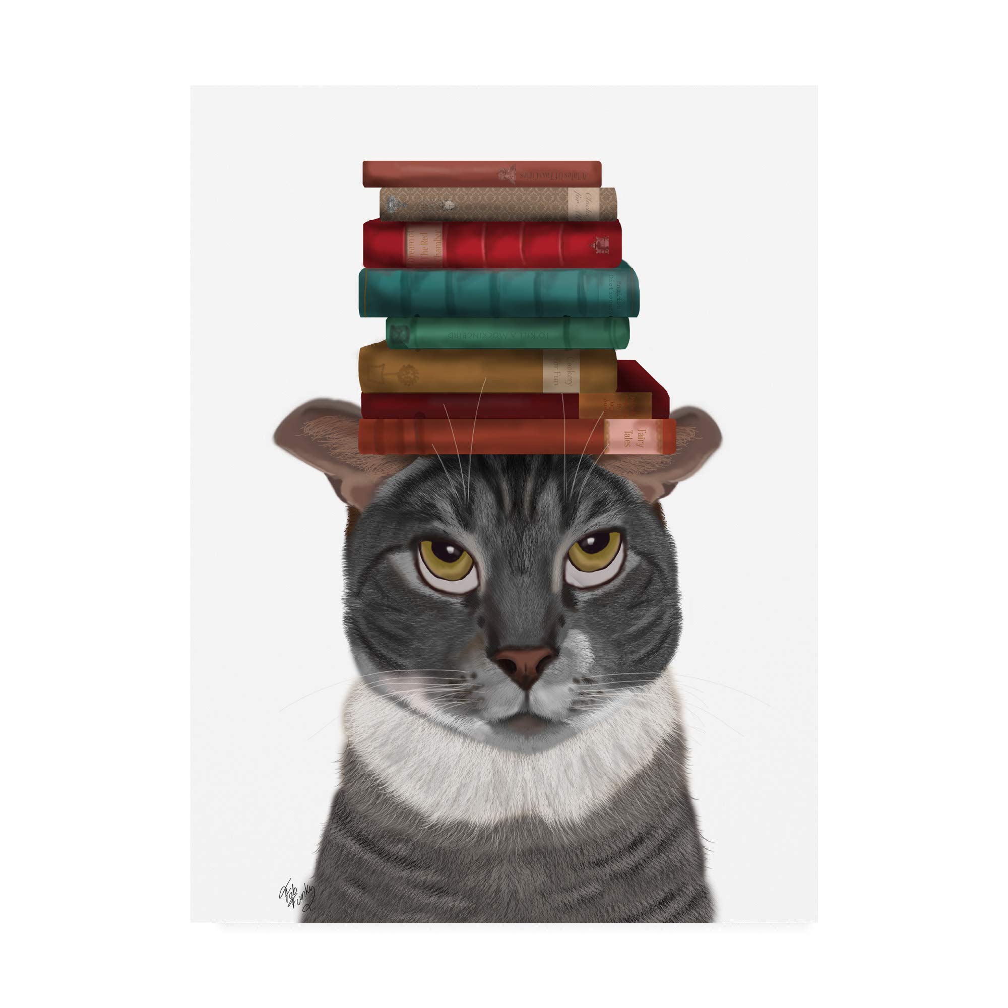 Fab Funky Grey Cat with Books On Head Canvas Art Print - 35x47 Inches - Modern Home & Office Wall Decor for Cat Lovers & Book Enthusiasts