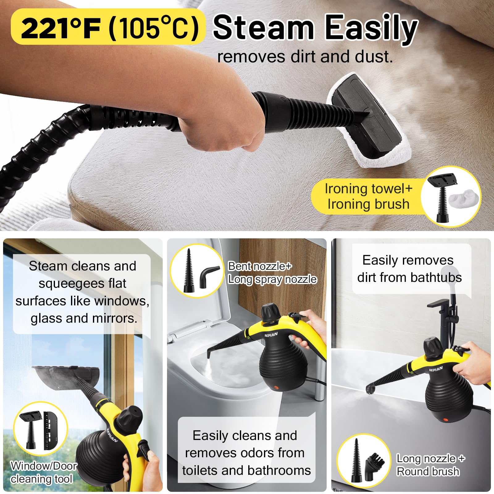 Portable Handheld Steam Cleaner for Home Use - Multipurpose Steamer with Safety Lock & 10 Accessory Kit - Removes Grime, Grease, Stains - Perfect for Kitchen, Bathroom, Car Detailing & Upholstery Cleaning