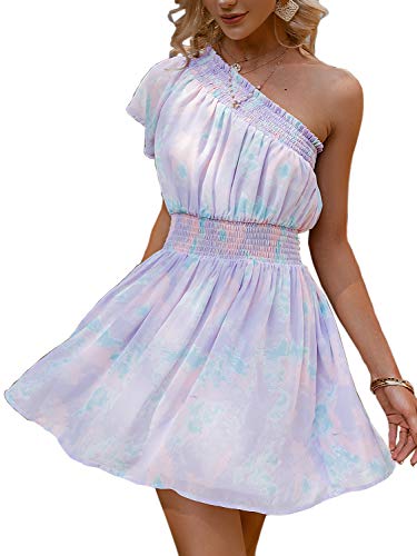Miessial Women's One Shoulder A-Line Mini Dress - Stretchy Cotton Elastic Waist Short Summer Dress for Beach, Party & Date Night