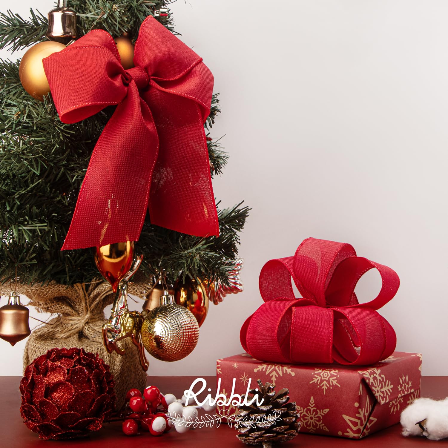 Ribbli 1-1/2 Inch Red Linen Wired Ribbon - 10 Yard Continuous Roll for Christmas Decorations | Perfect for Wreaths, Gift Wrapping, Tree Decor & DIY Crafts | Holiday Home Decor & Party Decoration