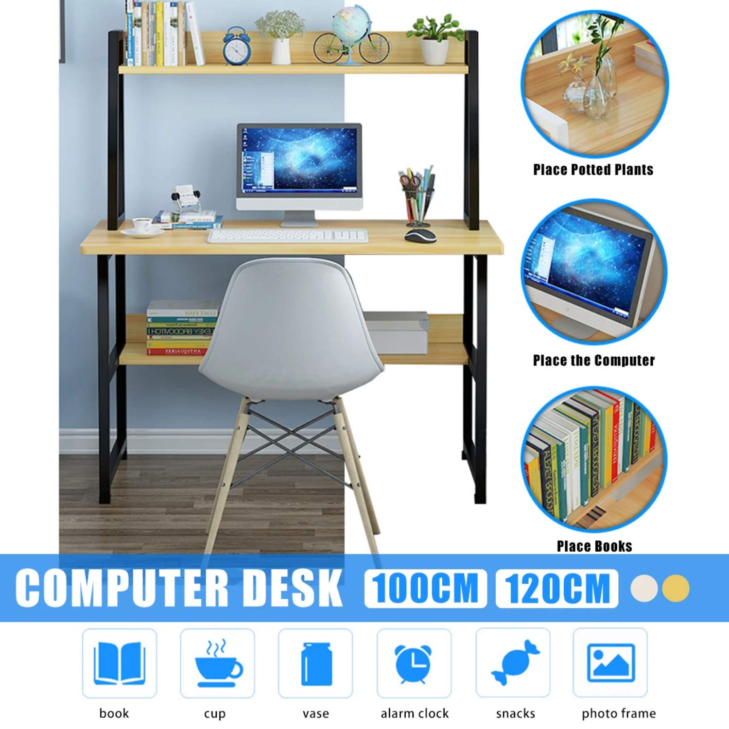 Large Computer Desk with Bookshelf - Sturdy Home Office Desk for Work & Study, Modern Writing Table with Storage Space - Perfect for Small Spaces & Remote Work