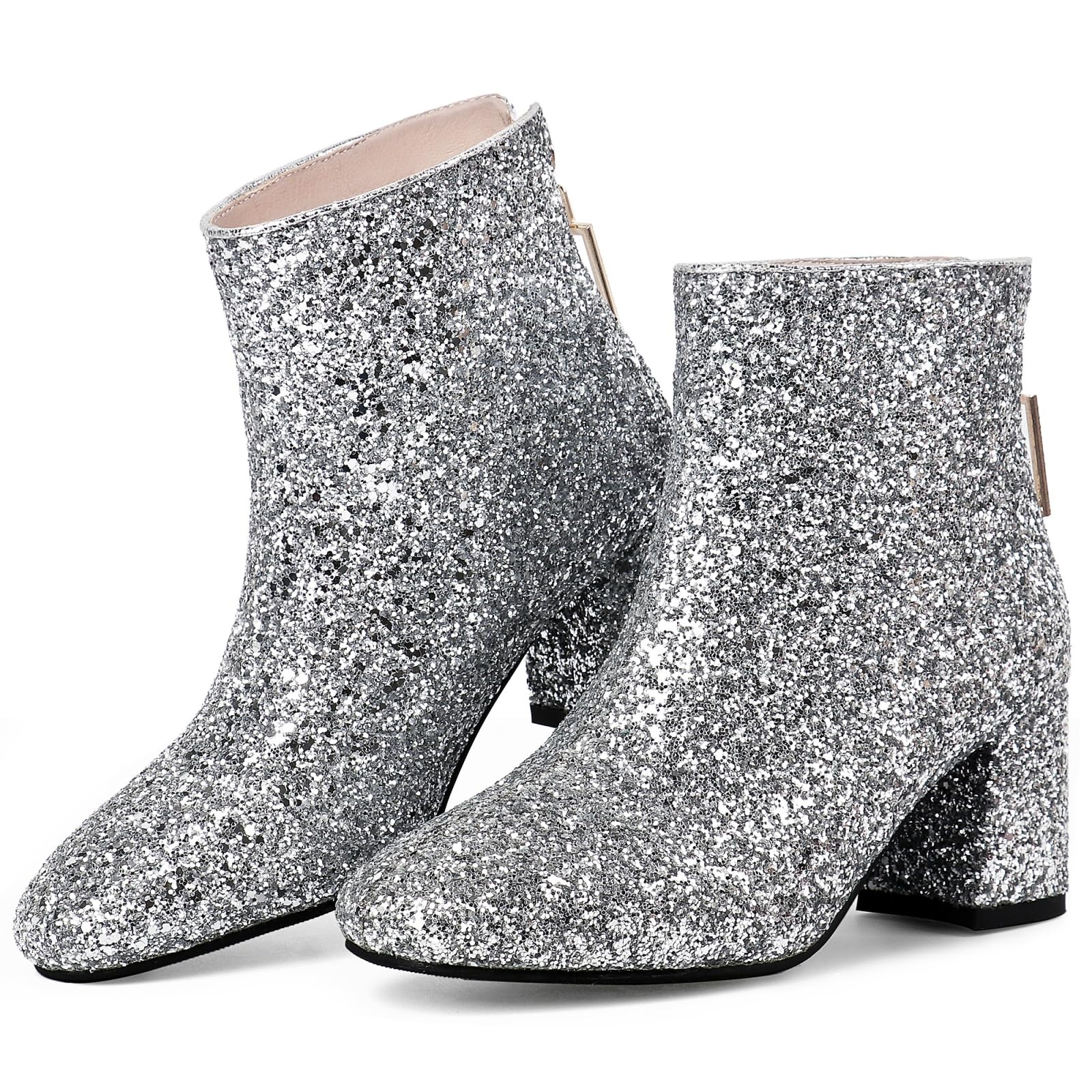 MAVMAX Women's Sequin Glitter Ankle Boots - Chunky Heel Sparkly Booties for Party, Night Out & Holiday Celebrations