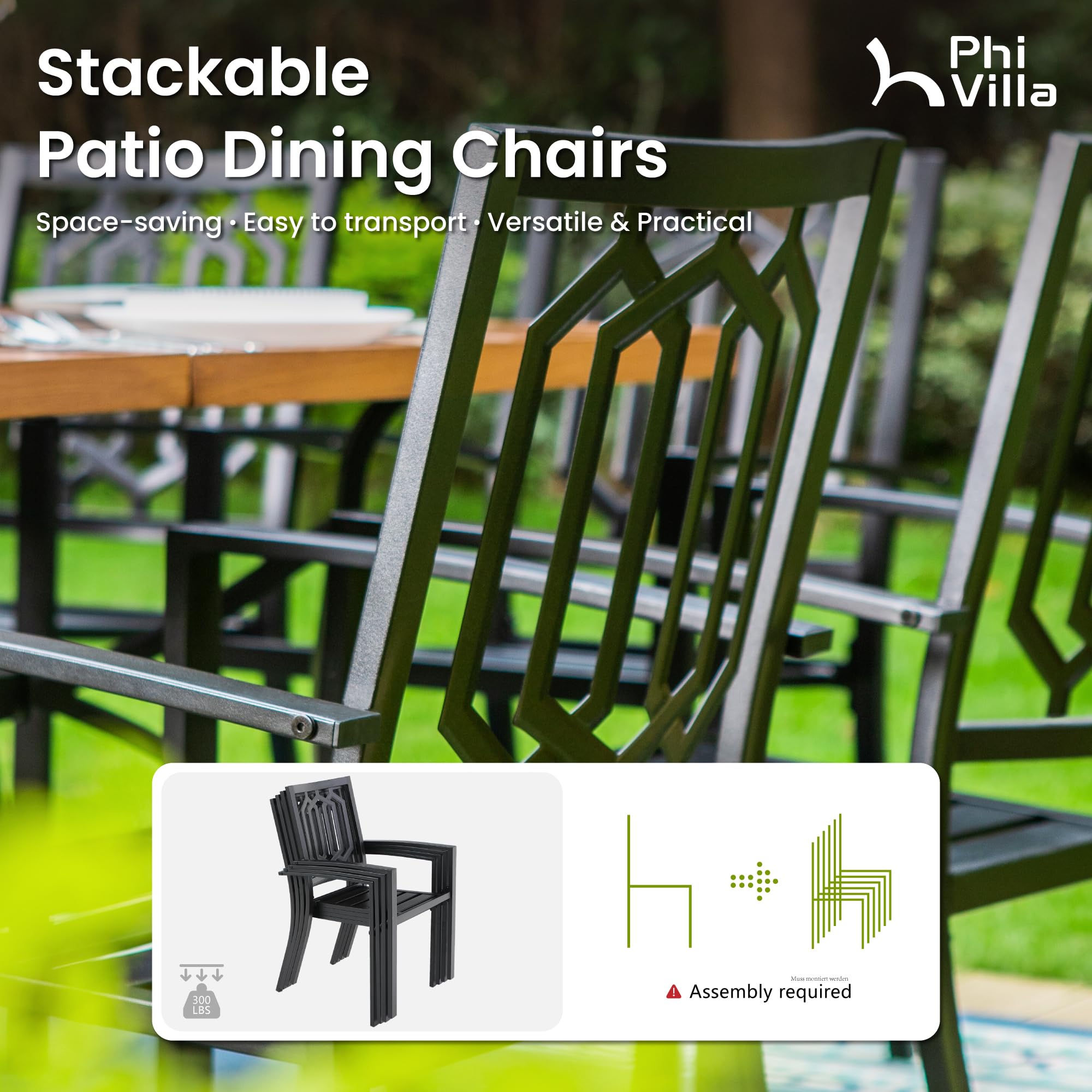 PHI VILLA 37 Inch Square Outdoor Dining Table and 4 Chairs Set - Wood-Like Patio Furniture for Garden, Backyard, Balcony - Weather-Resistant Bistro Set for Dining, Entertaining, Relaxing
