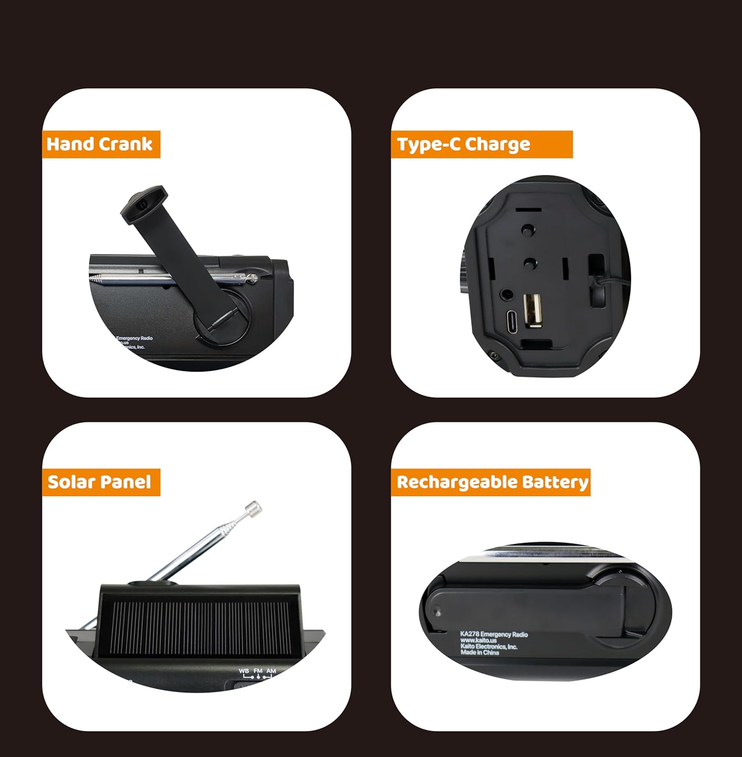 Kaito KA278 Emergency Weather Radio with NOAA AM/FM, 4000mAh Solar Crank Power Bank - Black | Portable Survival Gear for Camping, Hiking & Power Outages
