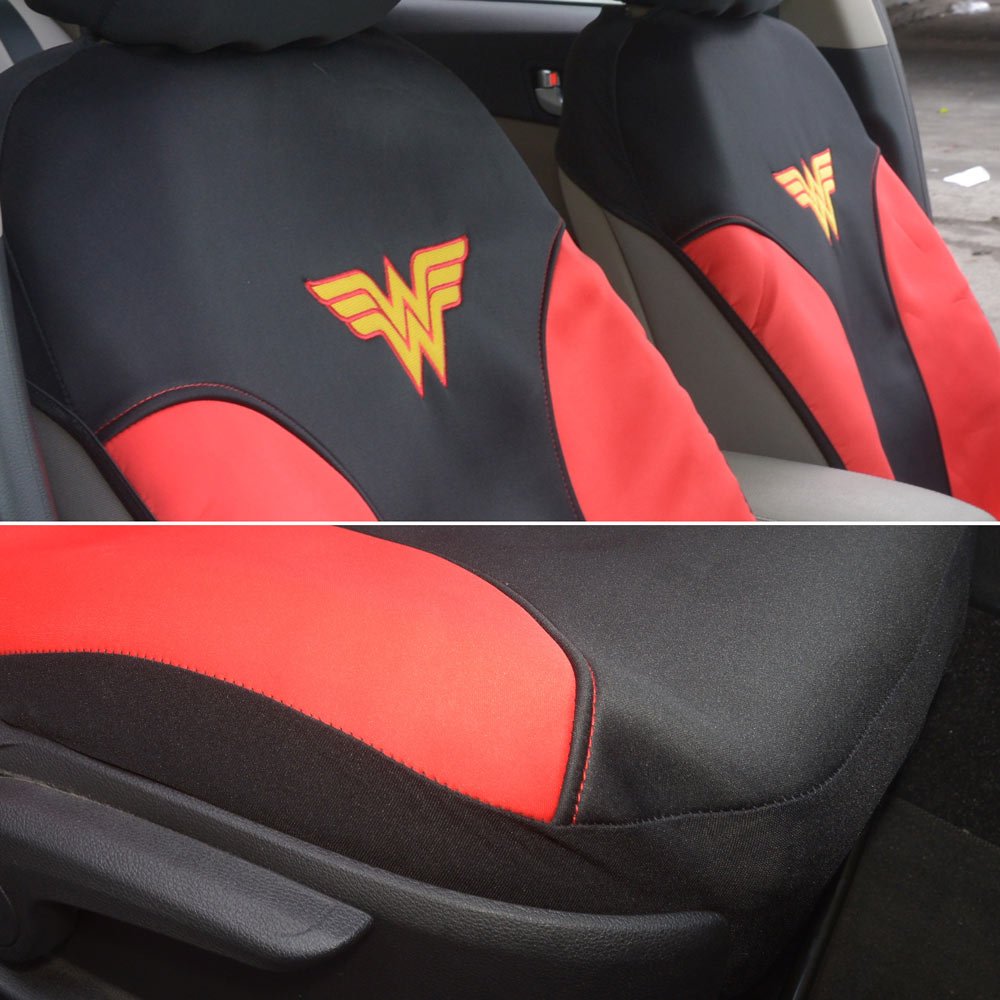 BDK Warner Bros DC Comics Wonder Woman Car Seat Covers - Universal Fit Front Seat Covers with Removable Headrest Cover & Matching Seat Belt Pads, Side Airbag Compatible (Red & Black) - Perfect for Superhero Fans, Comic Conventions & Themed Car Decor