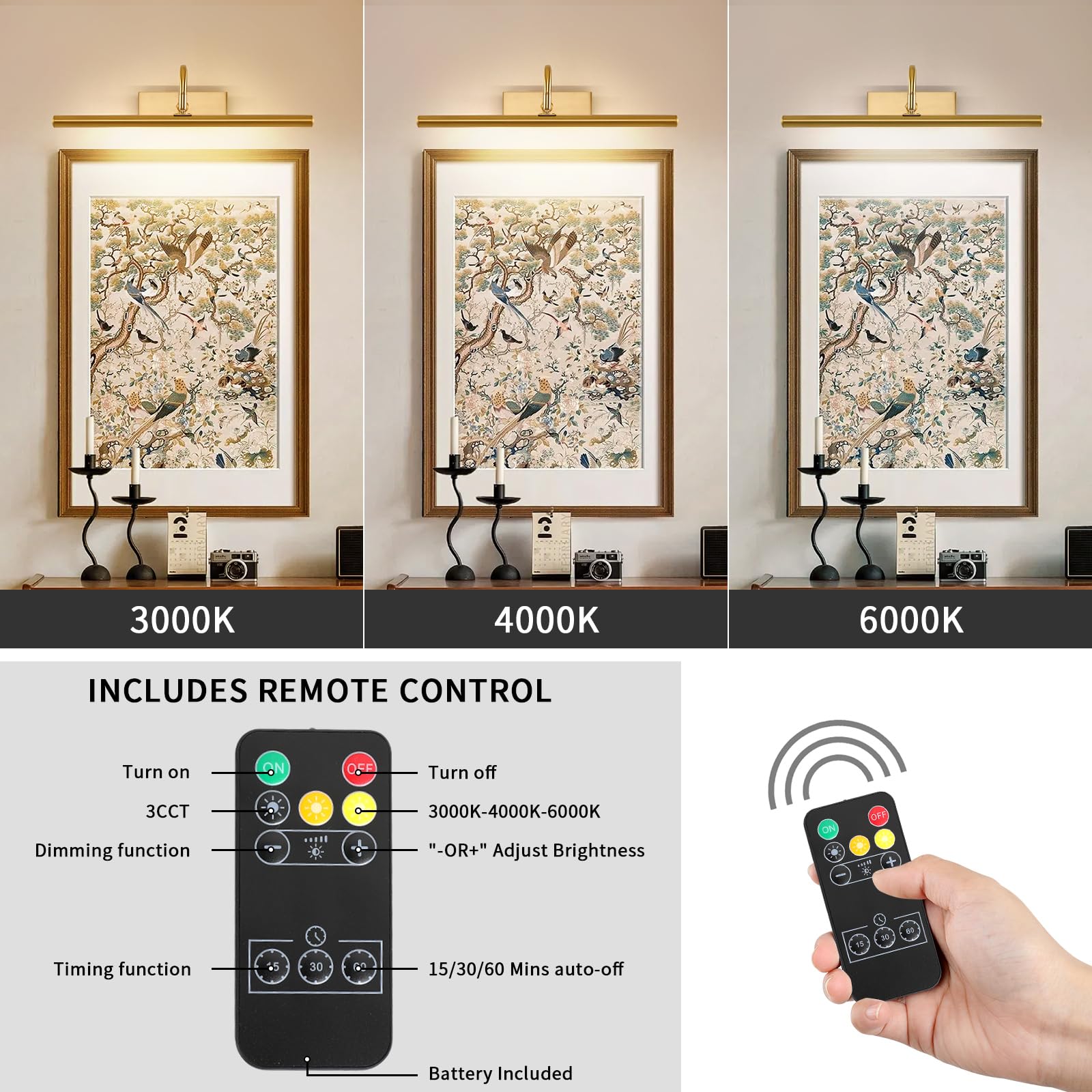 Modern 15.75in Battery Operated Picture Light - Dimmable Wireless LED Lighting for Paintings & Wall Art, Bronze Gold Finish, 5000mAh Long-Lasting Battery - Perfect for Home Gallery, Living Room Decor & Museum Display