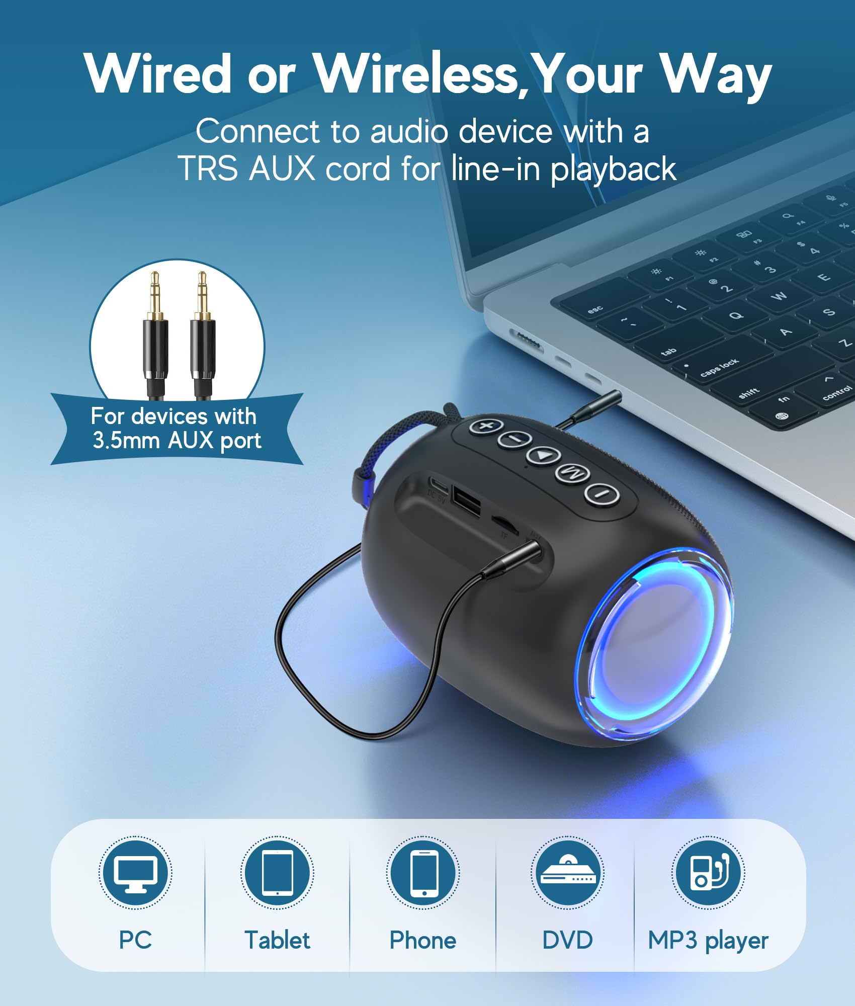 Portable Bluetooth Speaker with 3.5mm AUX Input - Wireless Speaker with HD Sound & 12H Playtime, Built-in Mic, Supports AUX/TF/USB Playback (Black) - Perfect for Outdoor, Travel, Home & Party Use
