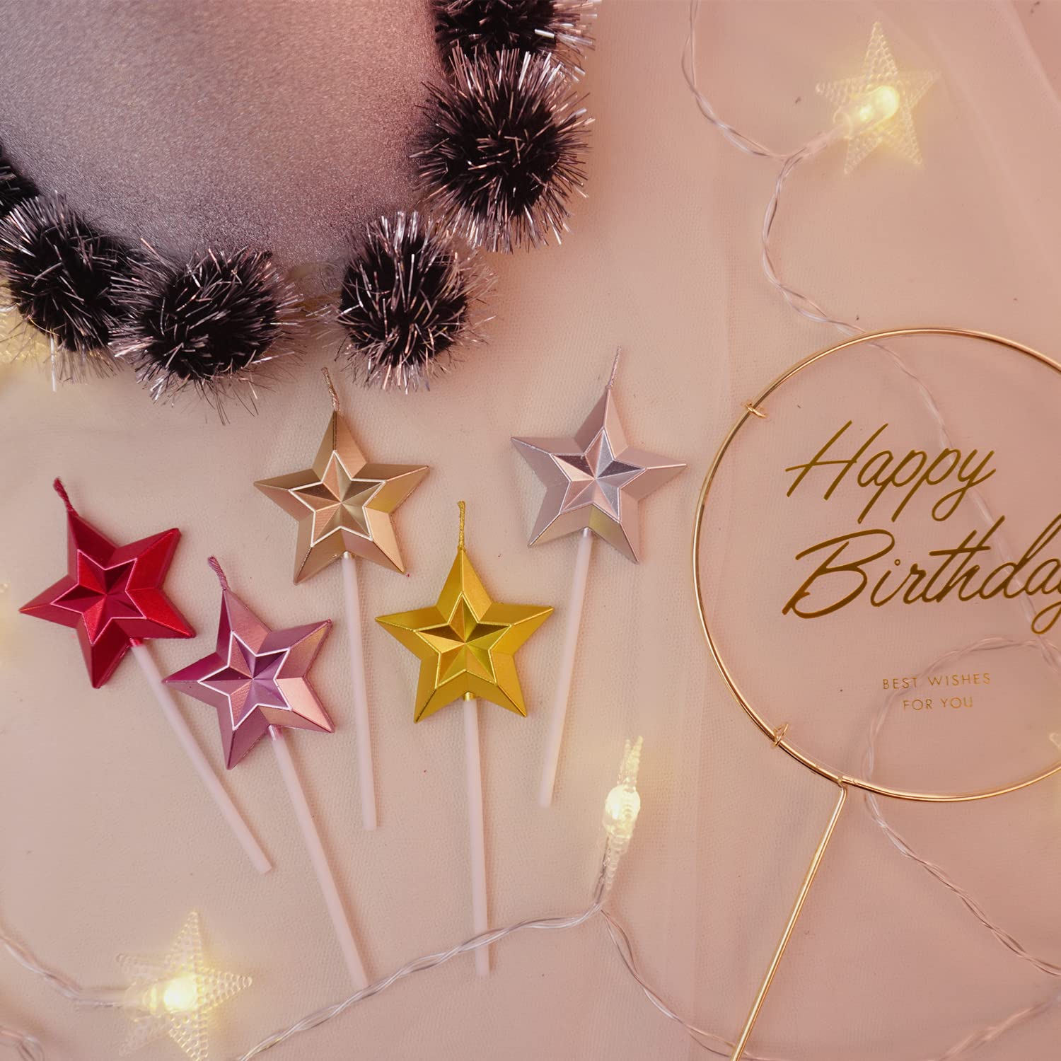 5pcs Pink Star Shaped Birthday Candles for Cake - Metallic Sparkler Candles Set with 3D Stereo Design | Perfect for Birthday Parties, Wedding Cakes & Celebration Decorations