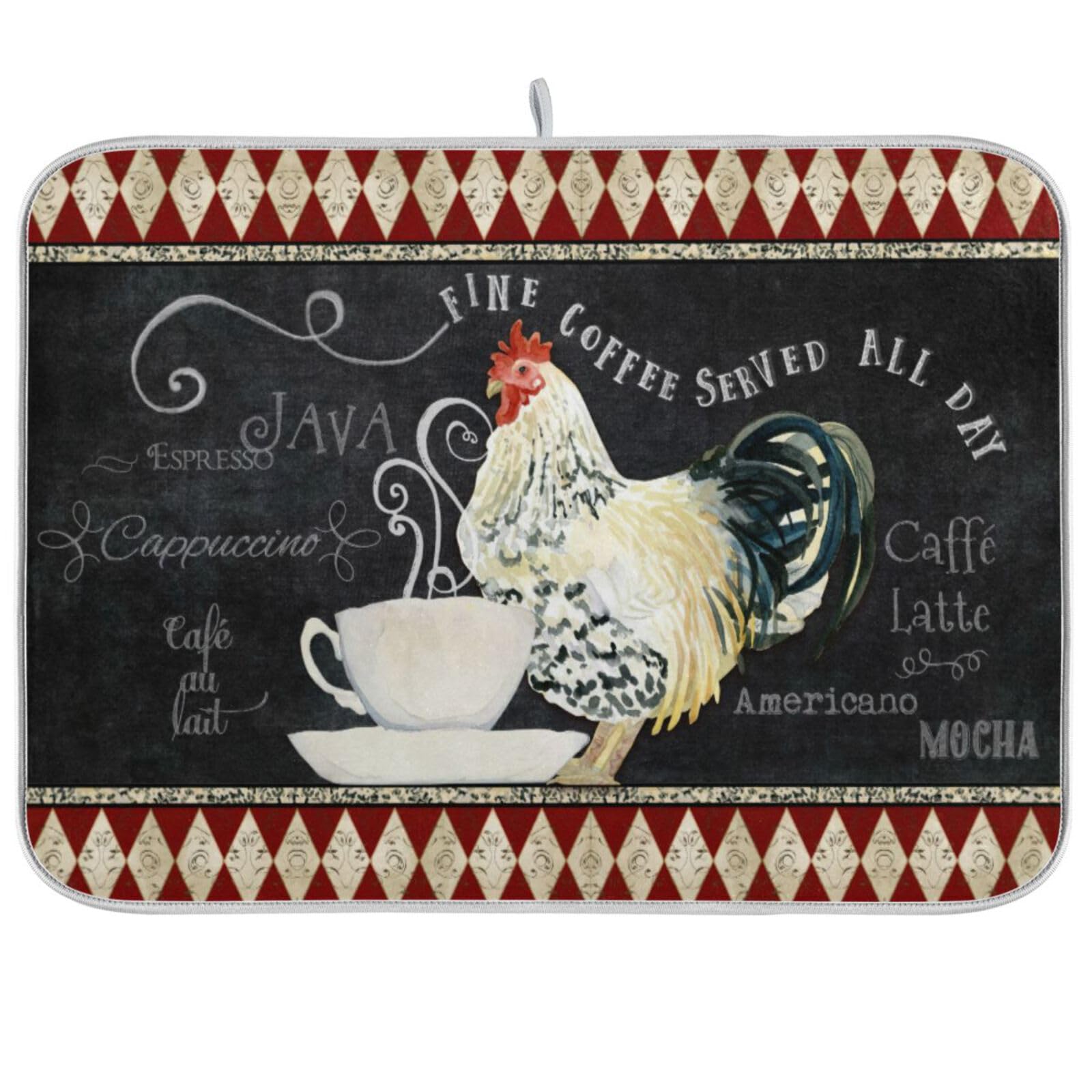 Premium Coffee Rooster Dish Drying Mat - Ultra Absorbent Reversible Microfiber Kitchen Counter Protector (18