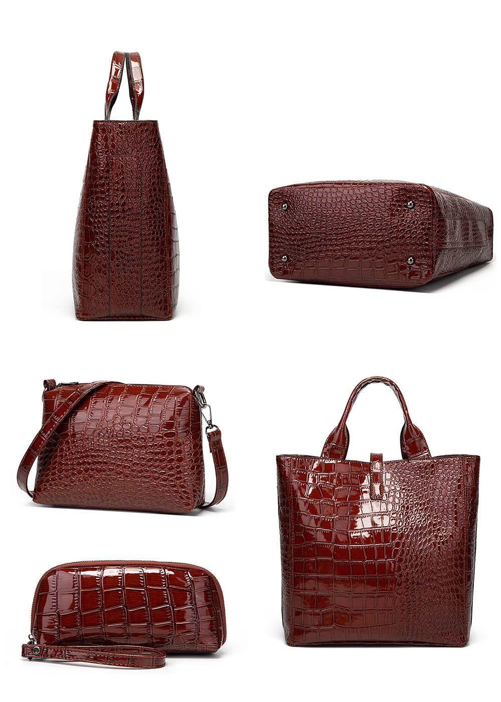 Stylish Women's Crocodile Embossed Tote Bag - Genuine Patent Leather Shoulder Bag with Matching Coin Purse | Perfect for Work, Travel & Everyday Fashion Accessory