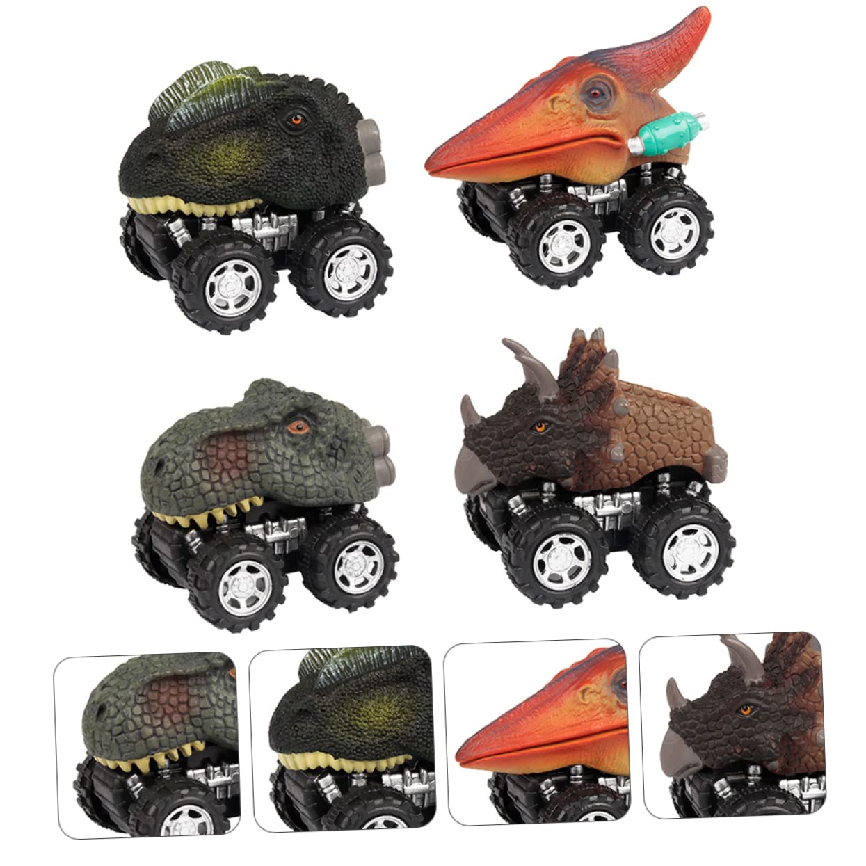 SKISUNO 4-Pack Dinosaur Pull Back Toy Cars - Cartoon Dinosaur Shaped Vehicles for Kids, Fun Plastic Dino Toys for Boys & Girls - Perfect for Birthday Gifts, Party Favors and Pretend Play