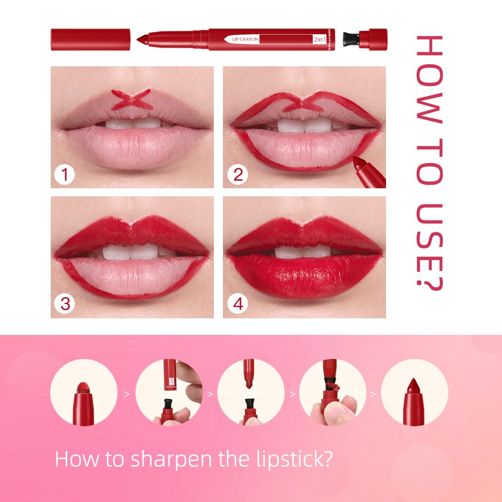 2-in-1 Lip Crayon & Lip Liner Pencil - Matte Lipstick with Slim Professional Tip (#12) | Long Lasting Waterproof Lip Makeup for Daily Wear & Special Occasions