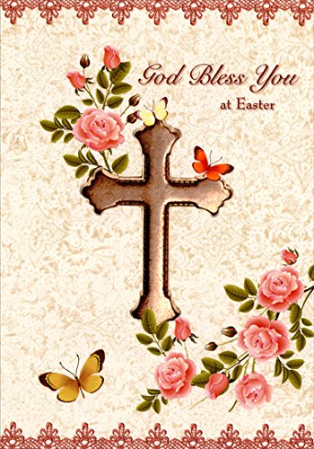 Easter Religious Greeting Card with Cross, Pink Flowers & Butterflies - Perfect for Church, Family & Friends Celebrations