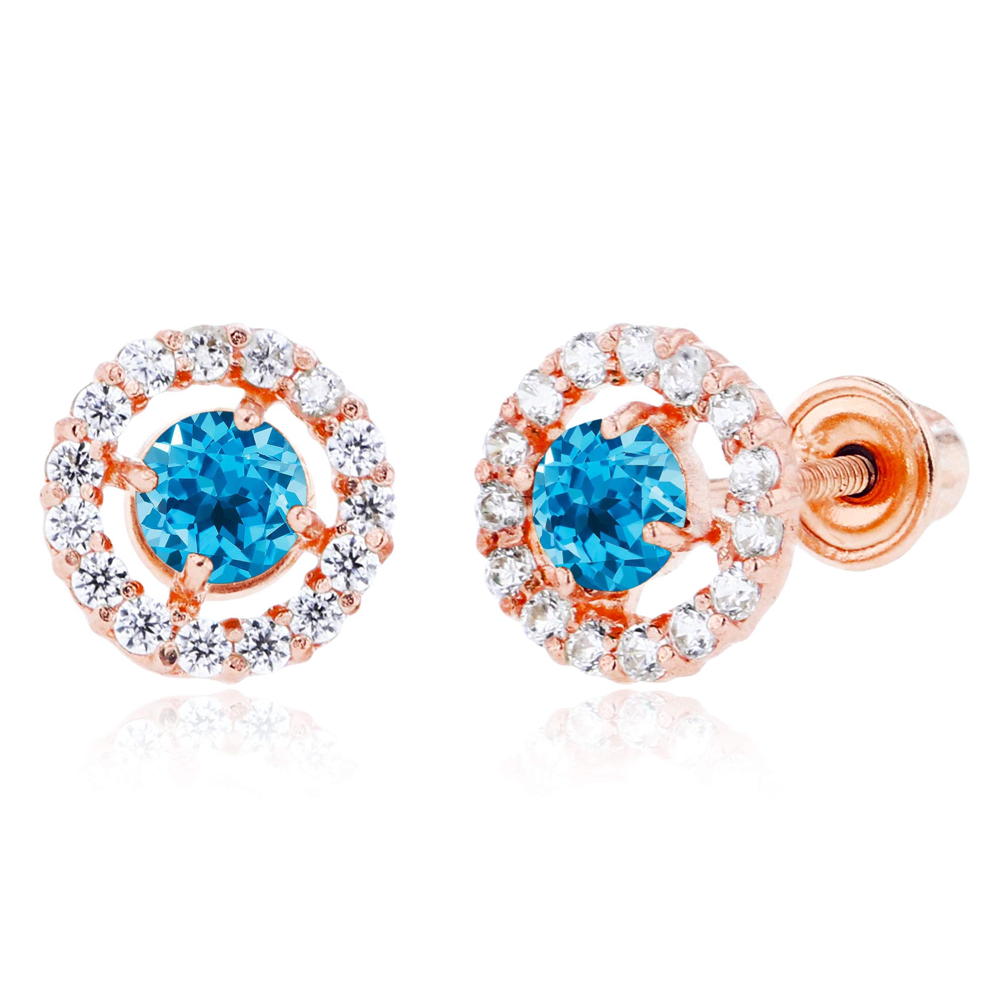 14K Solid Gold 6mm Halo Natural Birthstone Screwback Stud Earrings for Women | 3mm Round Birthstone | 1mm Created White Sapphire Halo Earrings | Perfect for Birthdays, Anniversaries & Everyday Elegant Wear