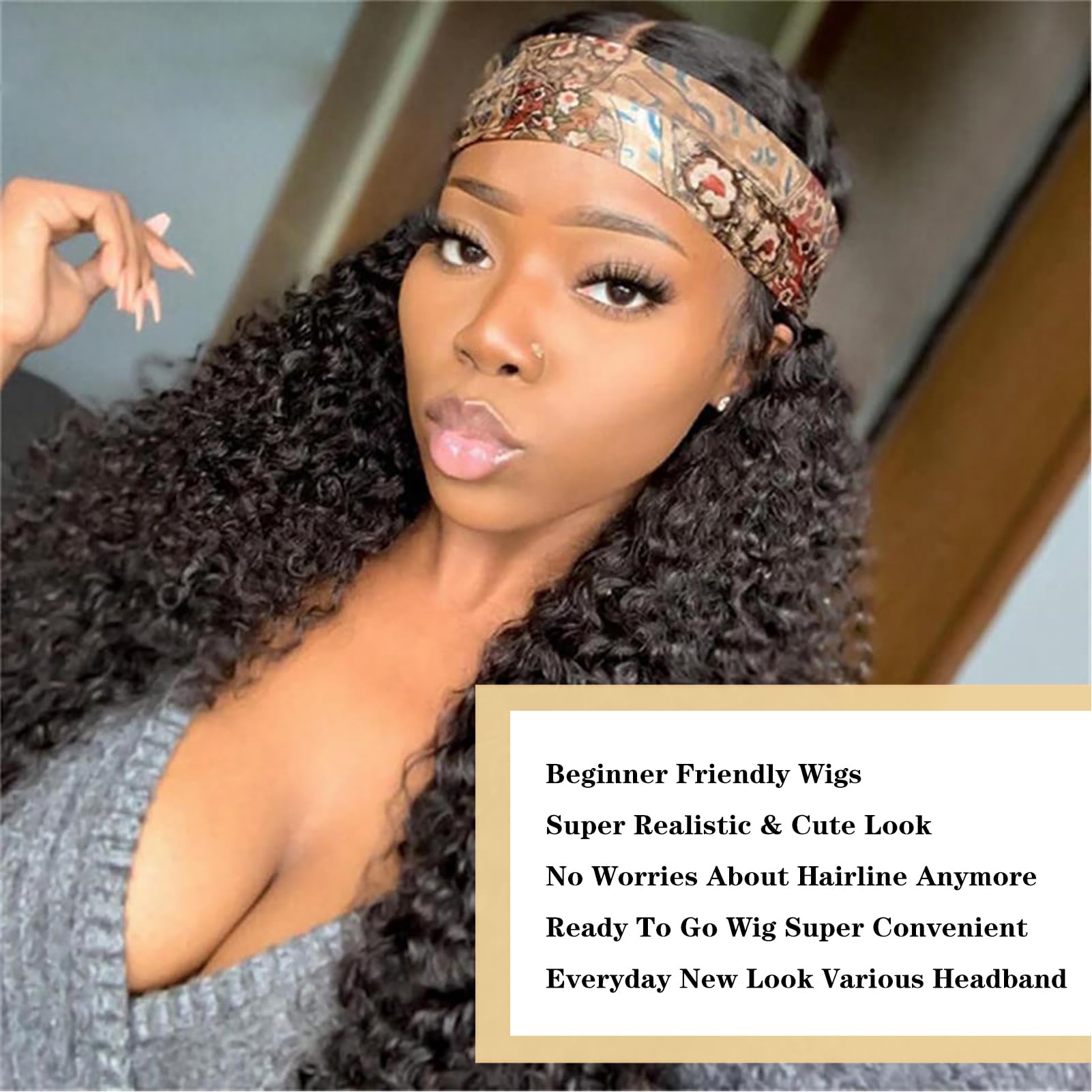 180% Density Brazilian Virgin Human Hair Deep Wave Headband Wig for Black Women - Glueless Machine Made None Lace Front Wig with Deep Curly Headband (28 Inch) | Perfect for Daily Wear, Parties & Special Occasions