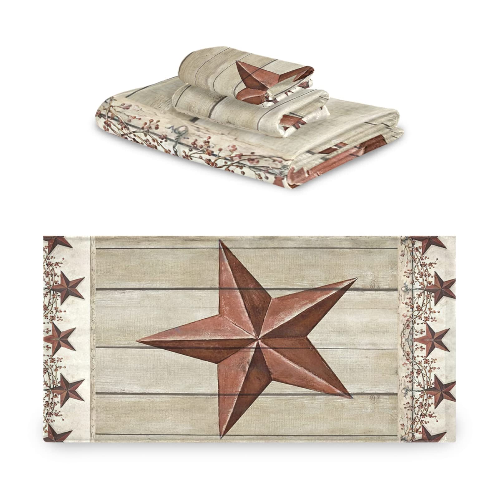 Rustic Bath Towels Set - Soft & Absorbent 3-Piece Luxury Bathroom Towels with Western Texas Star & Primitive Berries Design (1 Bath Towel, 1 Hand Towel, 1 Washcloth) - Perfect for Spa, Gym, Farmhouse & Country Style Bathrooms