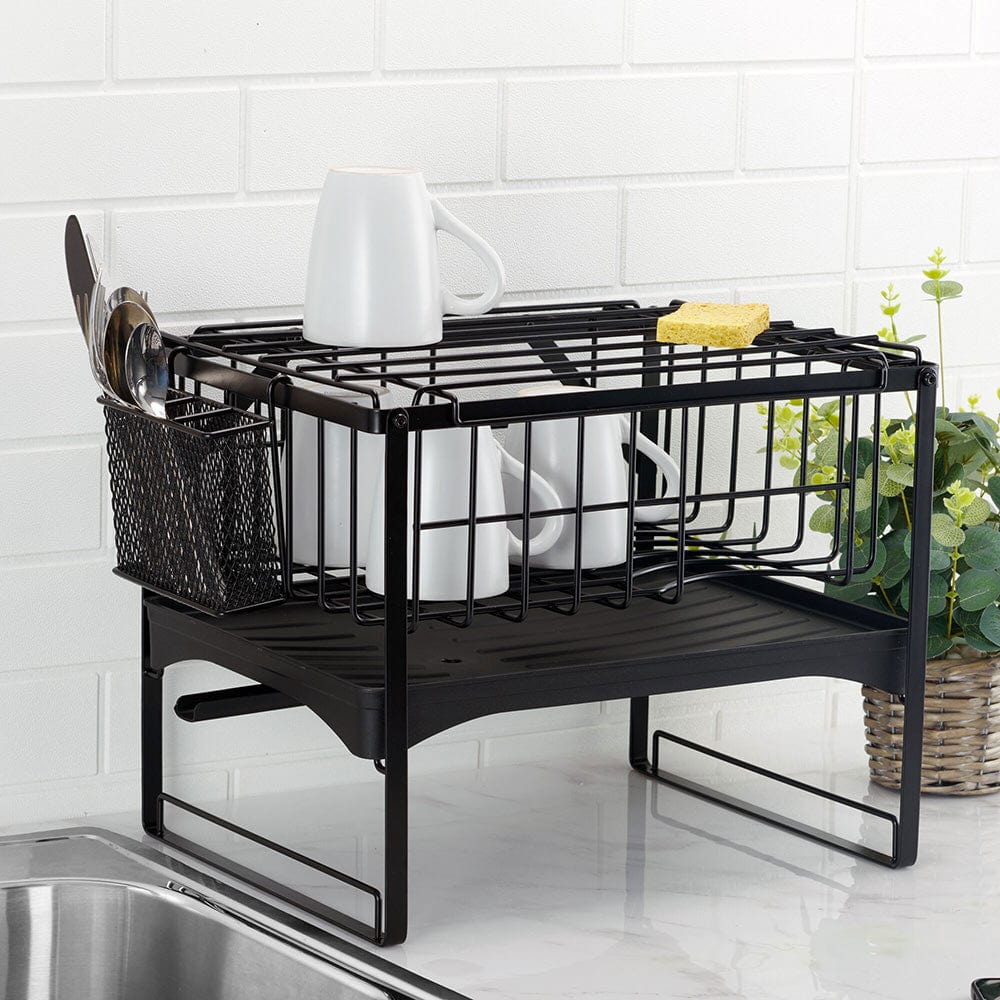2-Tier Stainless Steel Dish Drying Rack for Kitchen Counter - Space Saving Pisa Style Dish Drainer with Utensil Holder - Perfect for Small Apartments & Compact Spaces