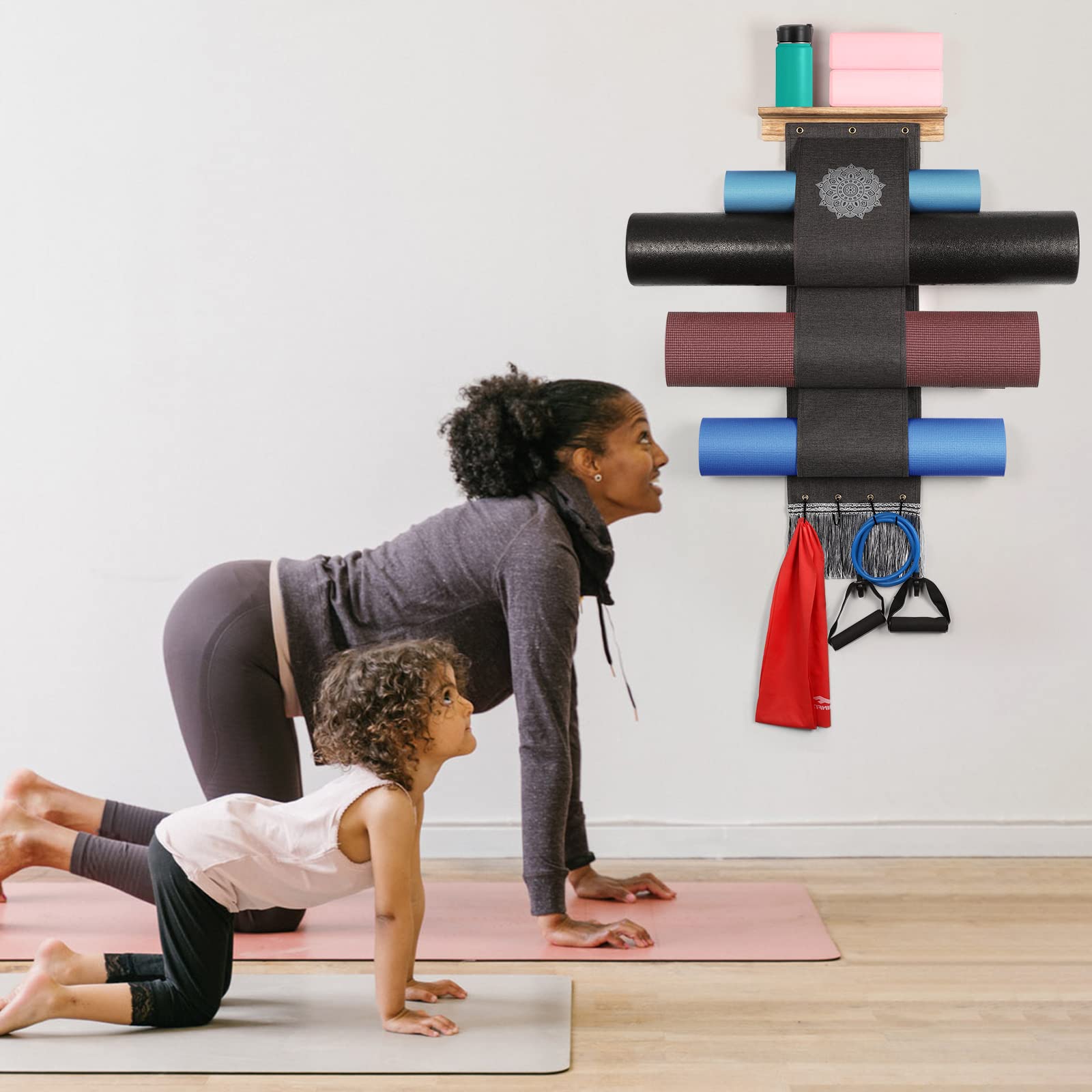Premium Yoga Mat Holder Wall Mount Organizer - 4 Hooks & Wooden Shelves for Foam Rollers, Towels & Resistance Bands - Space-Saving Home Gym, Yoga Studio & Office Storage Solution