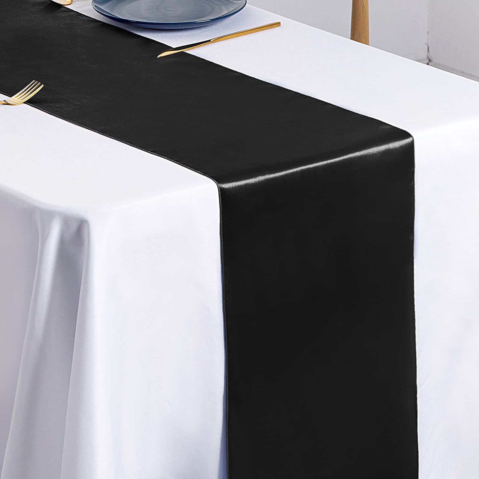 24-Pack Black Satin Table Runners 12x108 Inches - Elegant Wedding & Event Decor for Banquets, Buffets, Graduation Parties, Birthday Celebrations & Engagement Receptions - Smooth Long Tablecloth for Formal Dining & Special Occasions