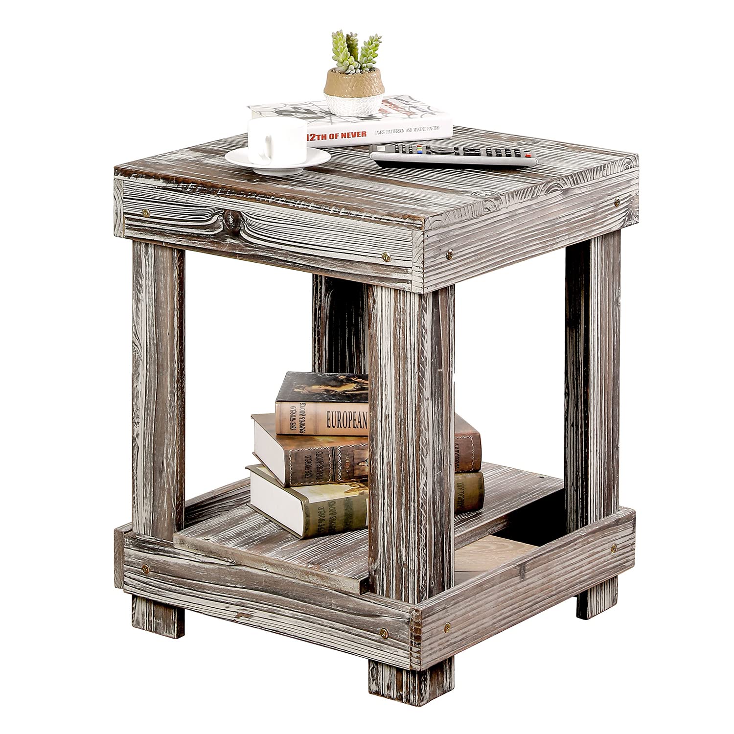 Rustic End Table with Storage Shelf - Torched Wood Nightstand Side Table for Living Room, Bedroom, Dorm - Small Space Furniture for Home Decor & Organization