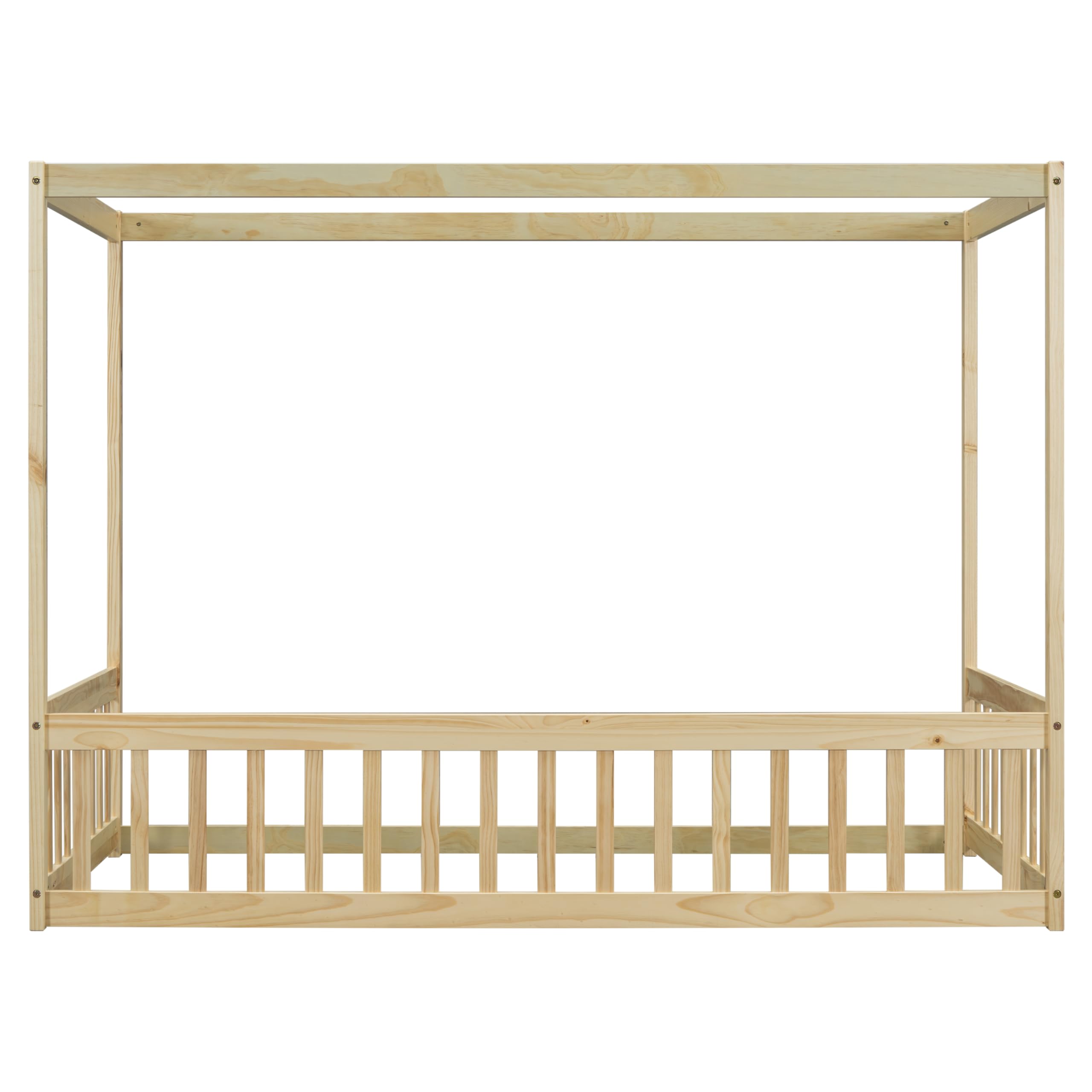 Twin Size Wooden Canopy Bed Frame with Guardrails for Kids - Montessori Floor Bed with Four Poster Design - Natural Wood Toddler Bed for Girls & Boys - Perfect for Bedrooms, Playrooms & Montessori Learning Spaces