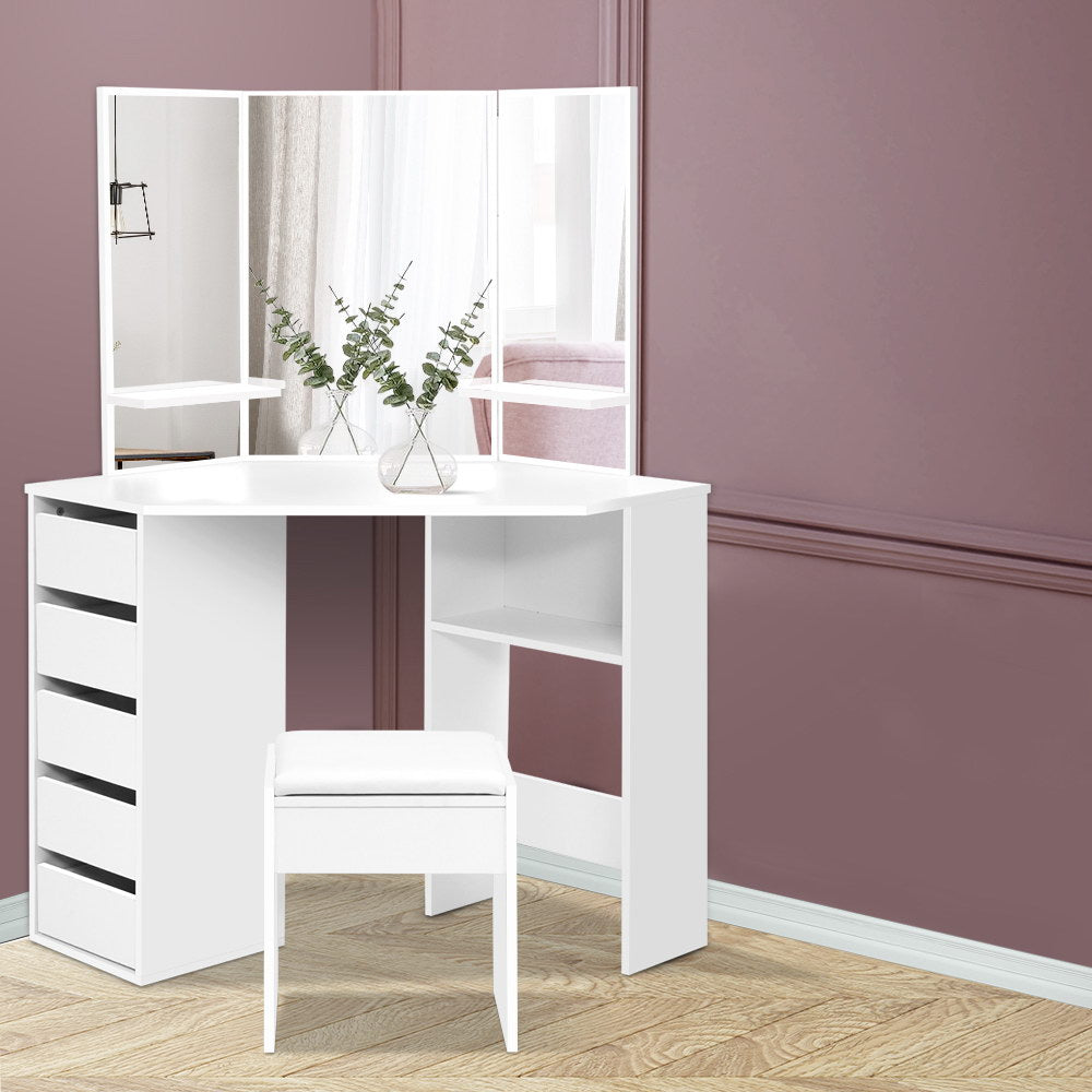White Corner Dressing Table with Mirror & Stool Set - Vanity Makeup Desk with Adjustable Mirror and Matching Chair for Bedroom, Bathroom, or Dressing Room
