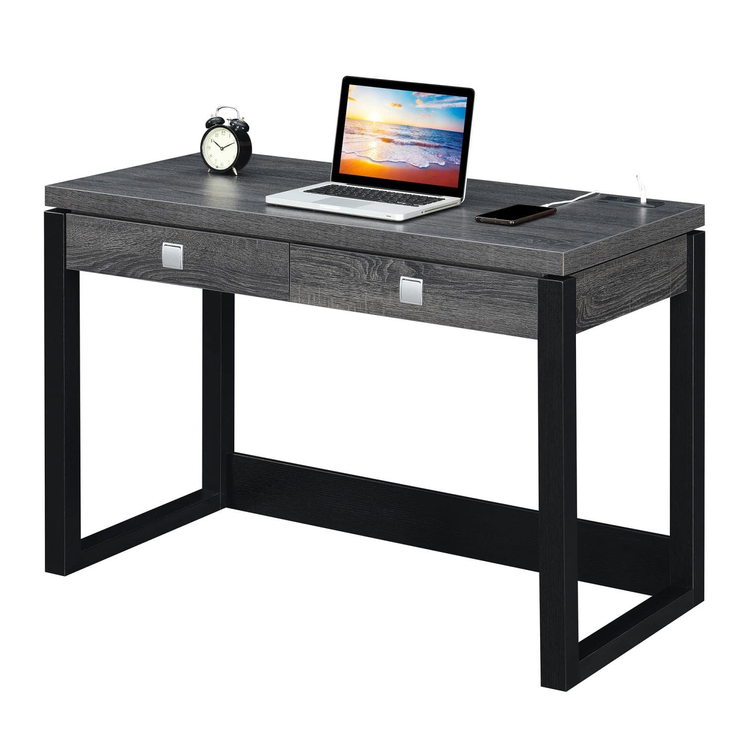 Convenience Concepts Newport 2-Drawer Office Desk with USB Charging Station - Weathered Gray/Black Finish - Perfect for Home Office, Study Room & Small Workspace Organization