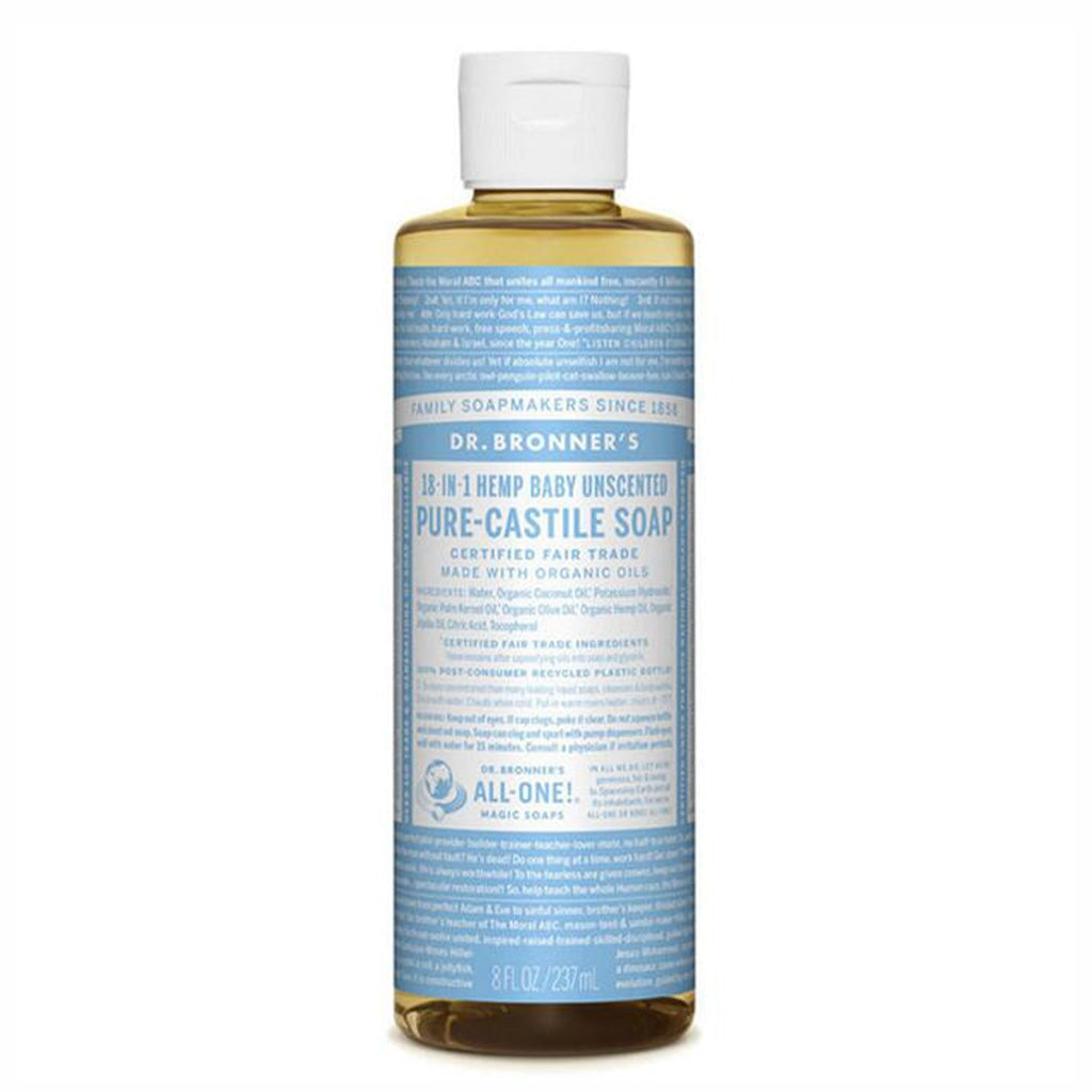 Dr. Bronners Pure Castile Liquid Soap - Unscented Baby Soap | Organic, Vegan & Gentle for Sensitive Skin | Perfect for Bath Time, Diaper Changes & Newborn Care
