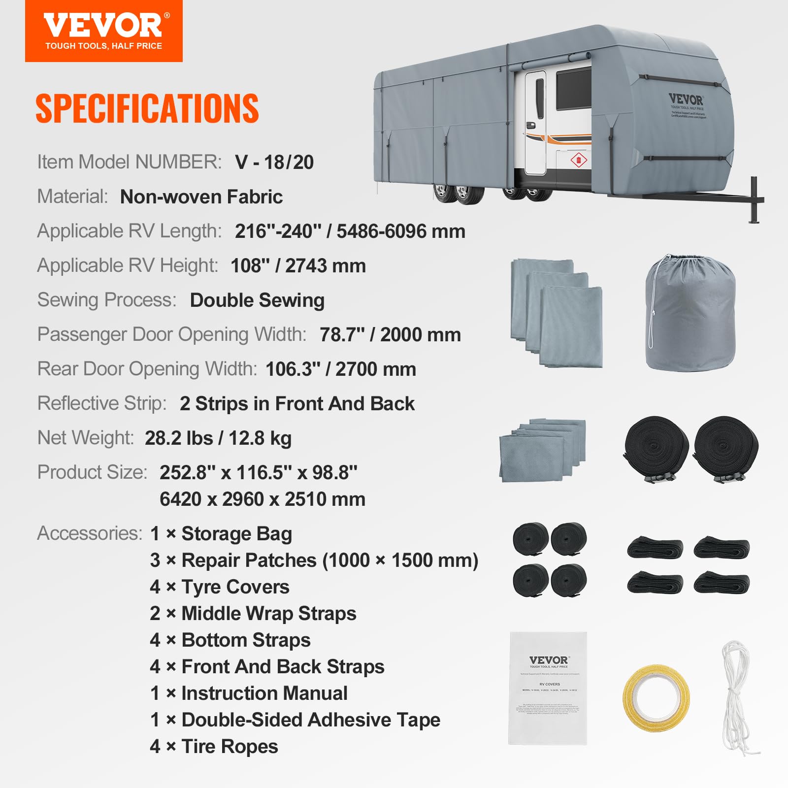VEVOR 18-20' RV Travel Trailer Cover - 4-Layer Waterproof Windproof Camper Cover with Storage Bag | Heavy Duty Rip-Stop Non-Woven Fabric for Class A Motorhomes | Perfect for Outdoor Storage & Winter Protection