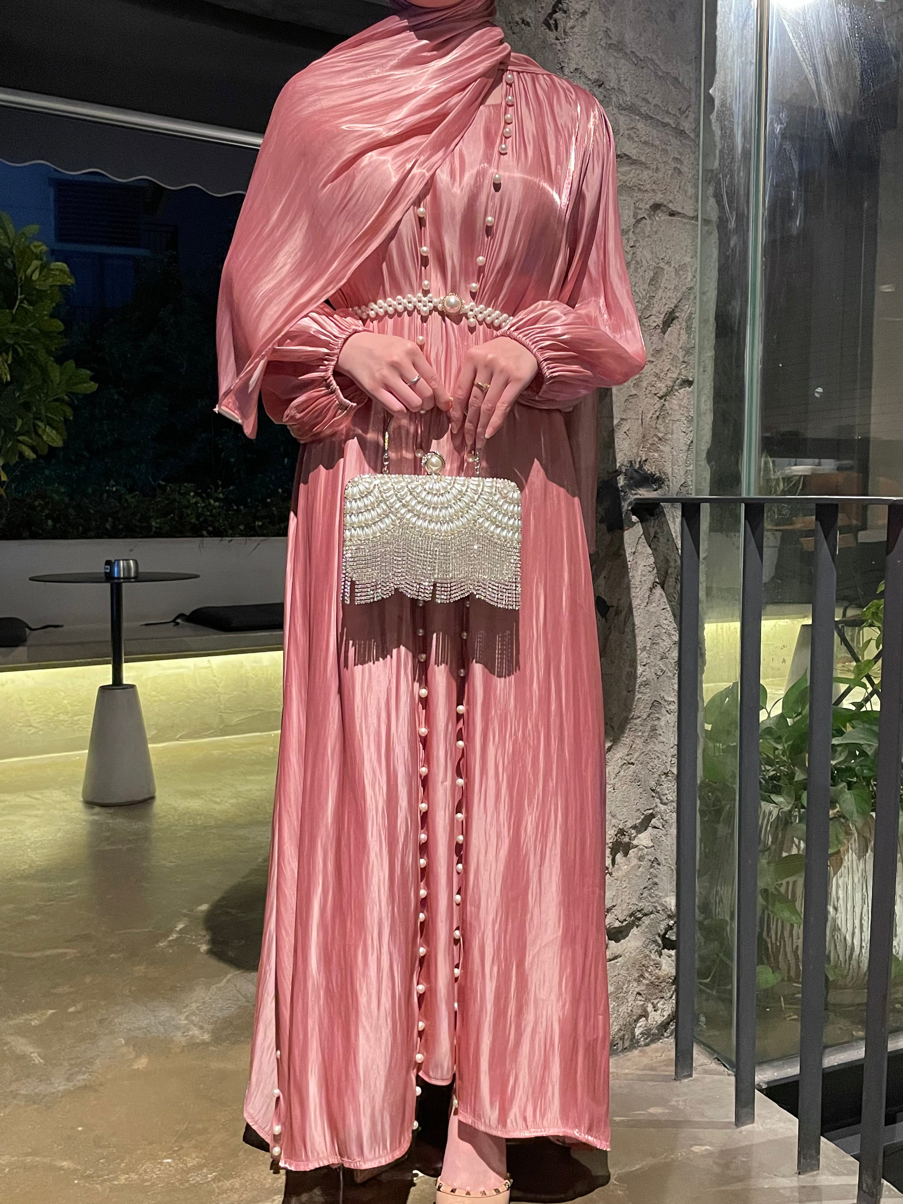Luxury 5-Piece Silk Abaya Set with Pearl Embellished Belt & Kaftan Dress for Women - Elegant Muslim Prayer Dress for Weddings, Evening Galas & Special Occasions