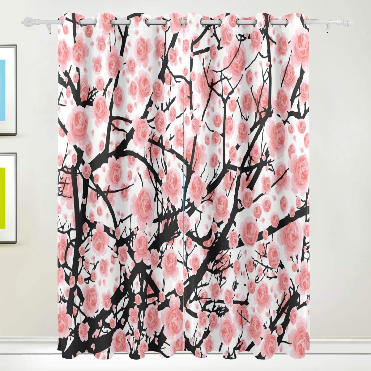 Blackout Curtains for Bedroom - Thermal Insulated Darkening Window Drapes with Pink Cherry Blossom Print, 84 x 55 Inches, Set of 2 Panels - Perfect for Farmhouse, Studio, Nursery & Home Theater Light Control