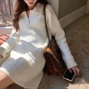 Vintage Y2K Knitted Sweater Dress for Women - Warm Winter Mini Dress with Long Sleeves in White | Elegant Fall & Winter Outfits, Party Wear, Casual Office Fashion