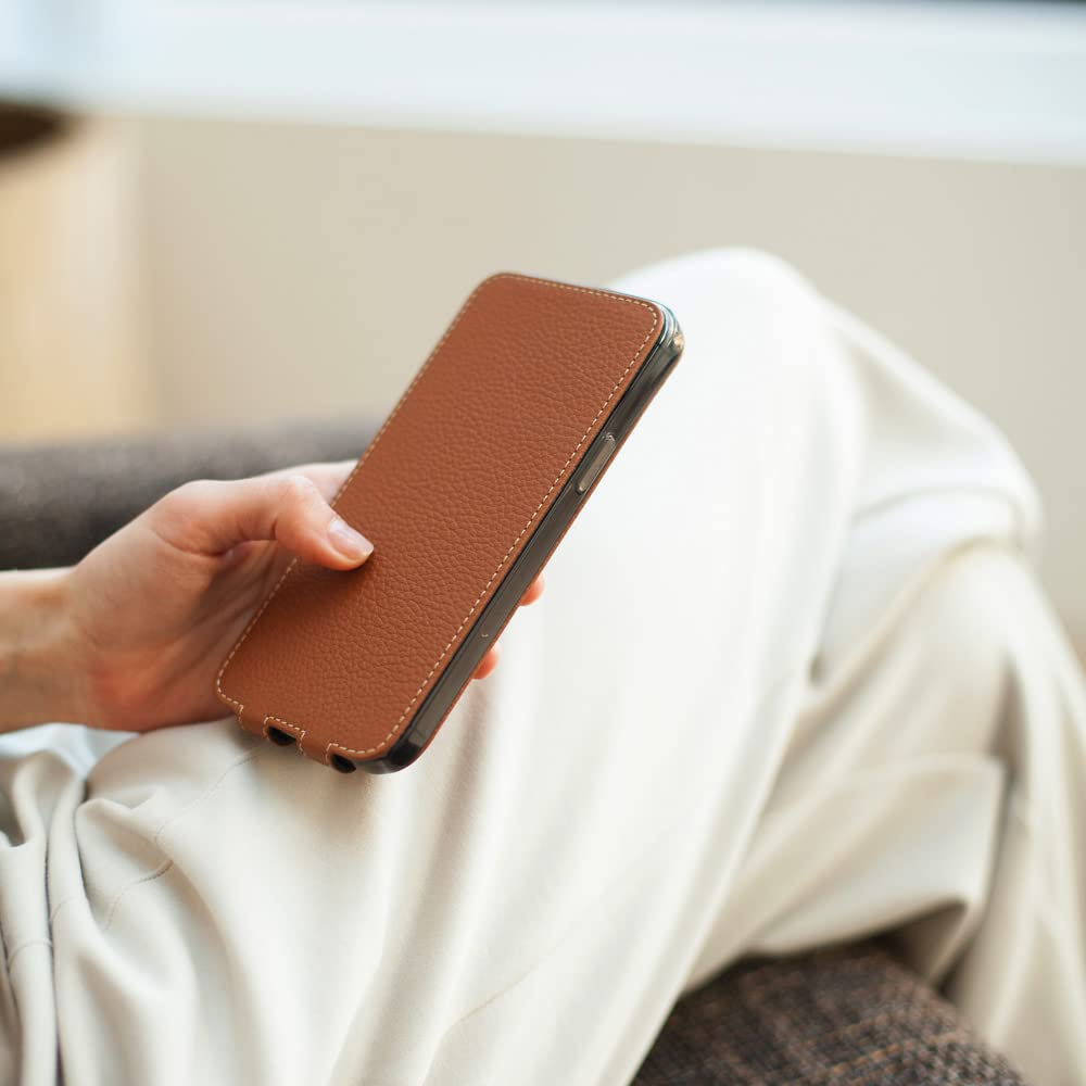 Genuine Leather Flip Case for iPhone 13 Pro Max - Premium French-Made Patented Design - Caramel Brown - Slim Protective Cover for Everyday Use & Business Style