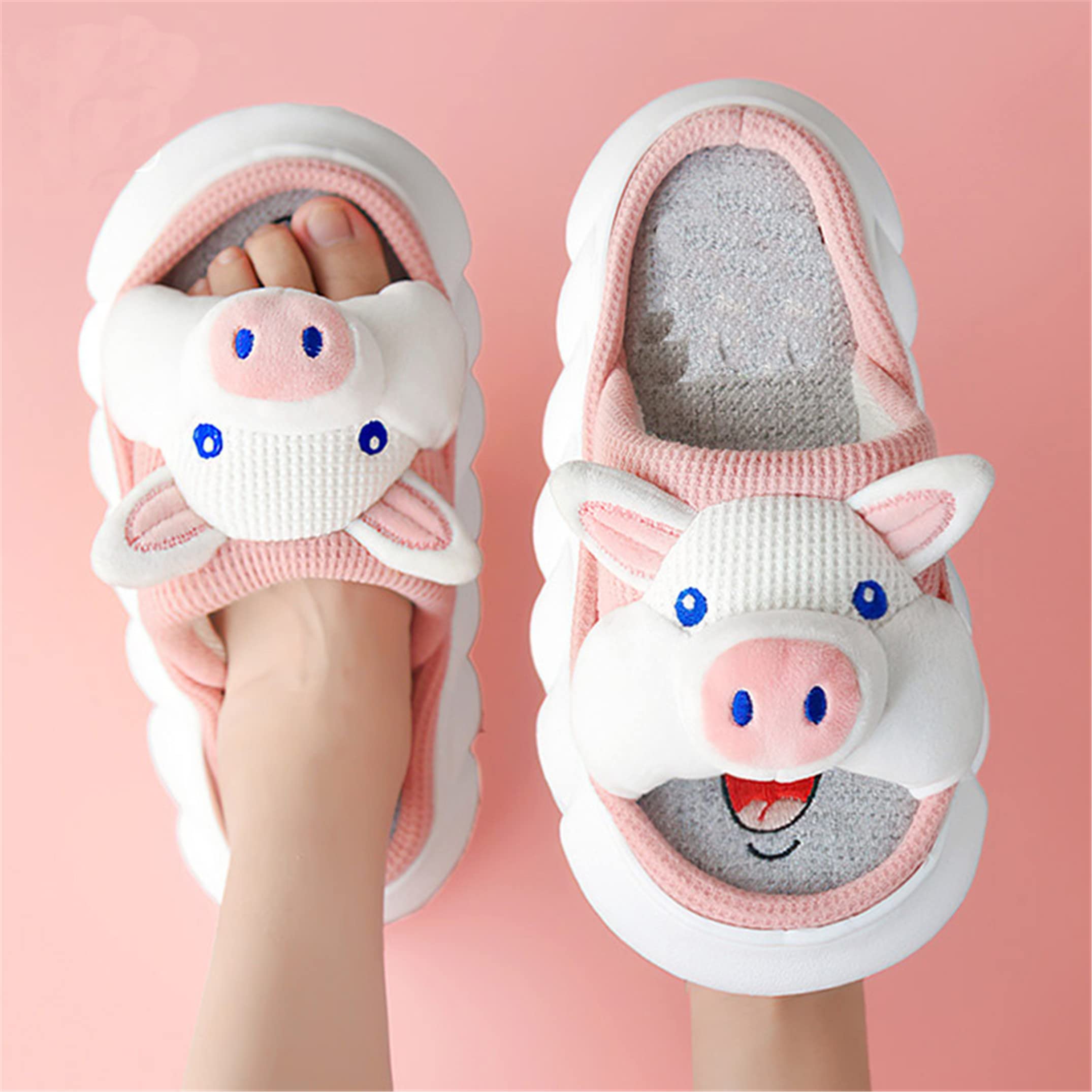 YILANLAN Women's Animal Slippers - Cute Cartoon Pig & Cow Plush House Shoes, Soft Linen Indoor Slippers for Home Comfort | Perfect for Relaxing, Lounging & Cozy Nights