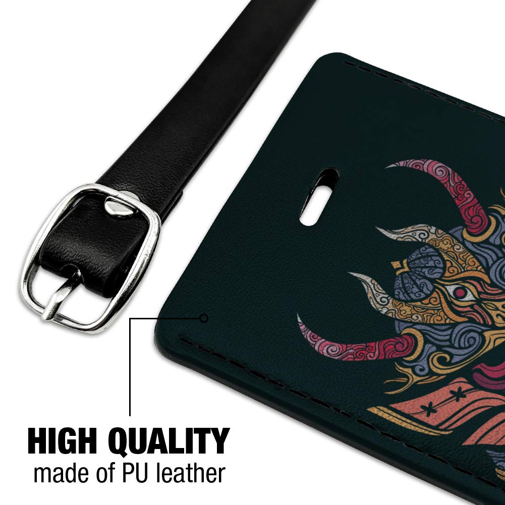 Japanese Samurai Oni Demon Mask Leather Luggage Tag - Unique Rectangle ID Card Holder for Travel Bags, Suitcases & Backpacks - Perfect for Anime Fans, Cosplay & Halloween Costumes