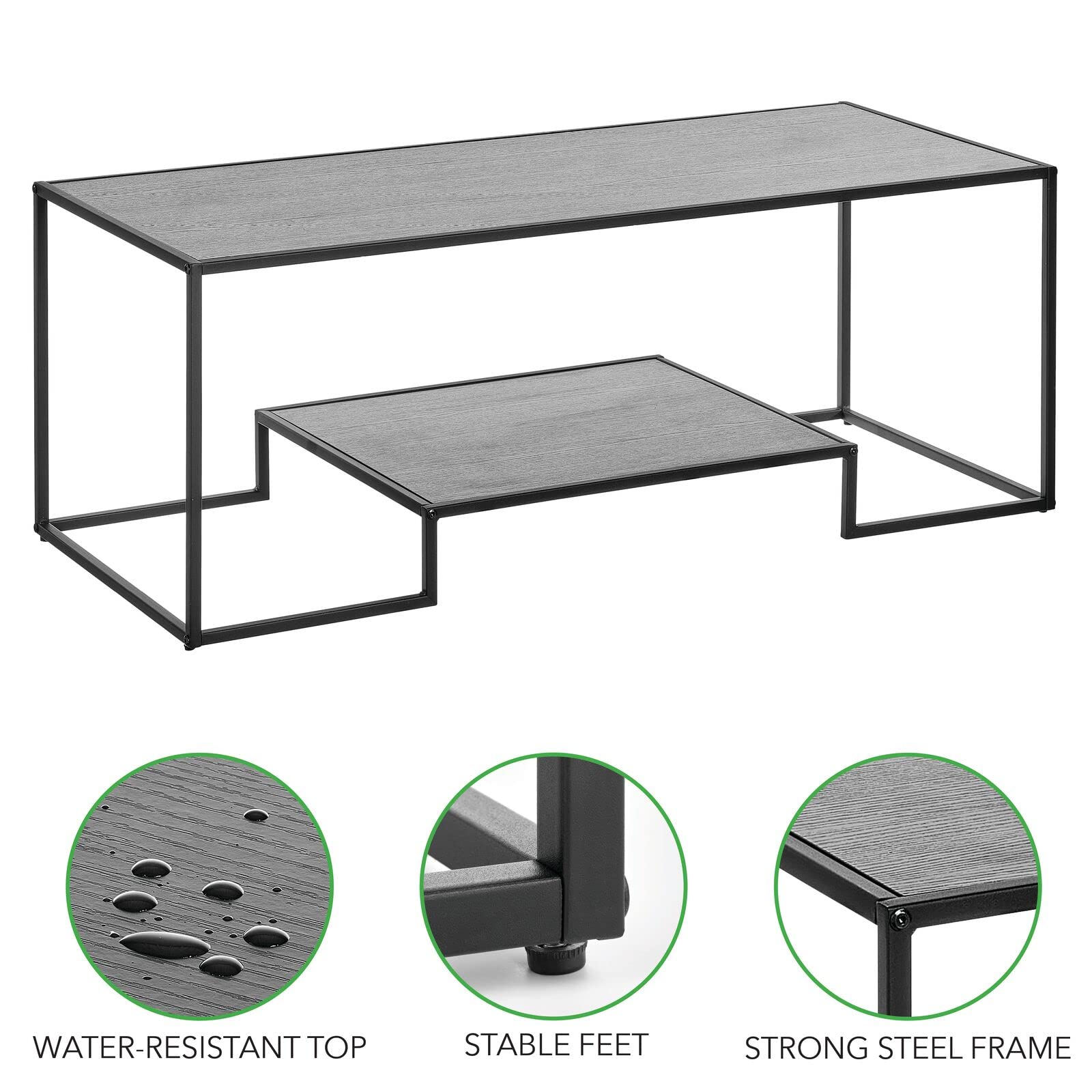 mDesign Rustic Rectangle Coffee Table with Shelf - Large Metal Living Room Table with Water-Resistant Top for Home, Office, Bedroom - Black/Black | Perfect for Small Spaces, Modern Decor & Family Gatherings