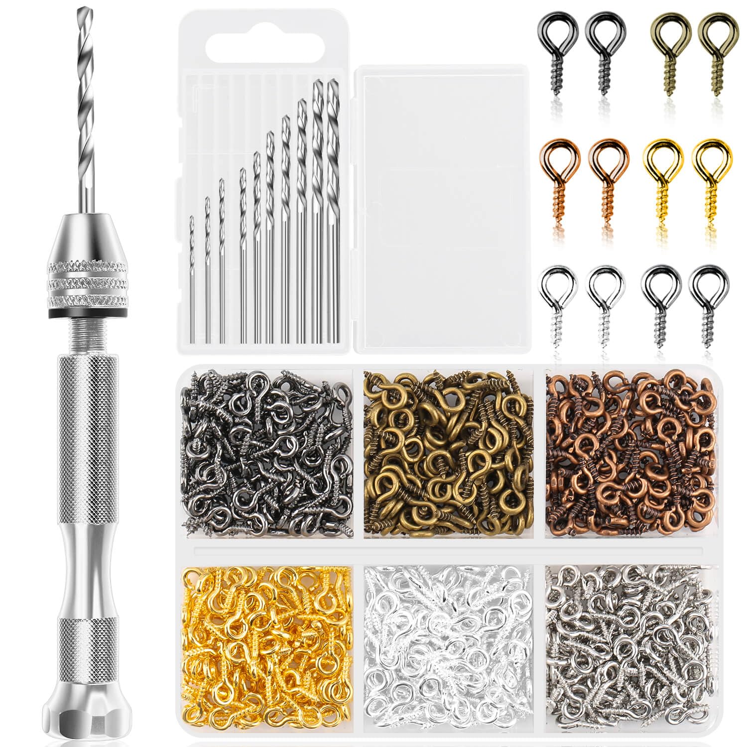 Shynek Pin Vise Hand Drill Set - 600PCS Small Screw Eye Hooks & 10 Size Drill Bits for Jewelry Making, Keychains & DIY Crafts - Perfect for Precision Woodworking, Model Building & Small Hole Drilling