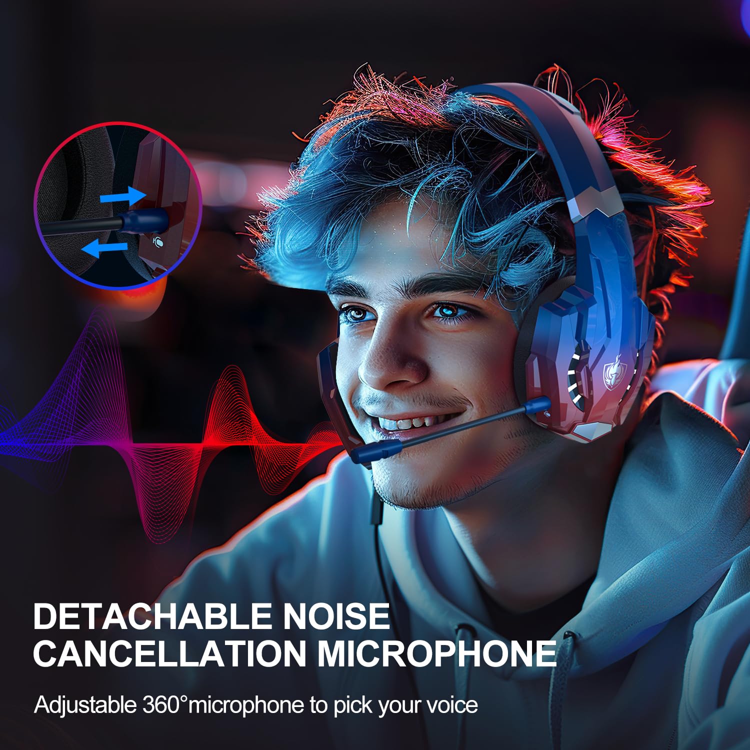PHOINIKAS 2.4GHz Wireless Gaming Headset for PS5, PS4, PC, Nintendo Switch - Over Ear Headphones with Noise Cancelling Mic, 7.1 Surround Sound, 40+ Hour Battery Life (Dazzle Blue) - Perfect for Competitive Gaming, Streaming & Late-Night Sessions