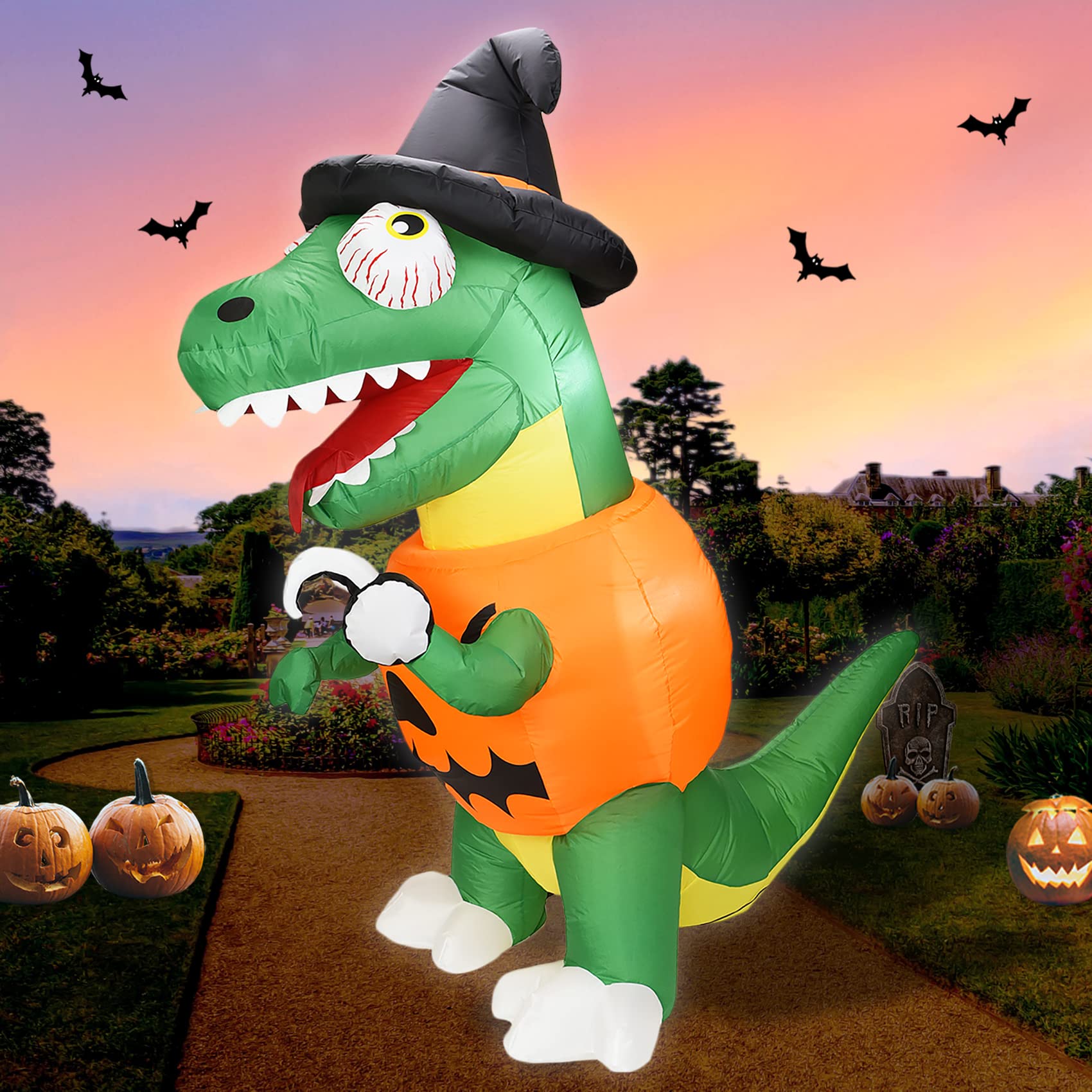YOUBEMAGIC 6FT Halloween Inflatable Green Dinosaur with Pumpkin Body - Outdoor Yard Decorations for Halloween Party, Haunted House, and Spooky Home Decor