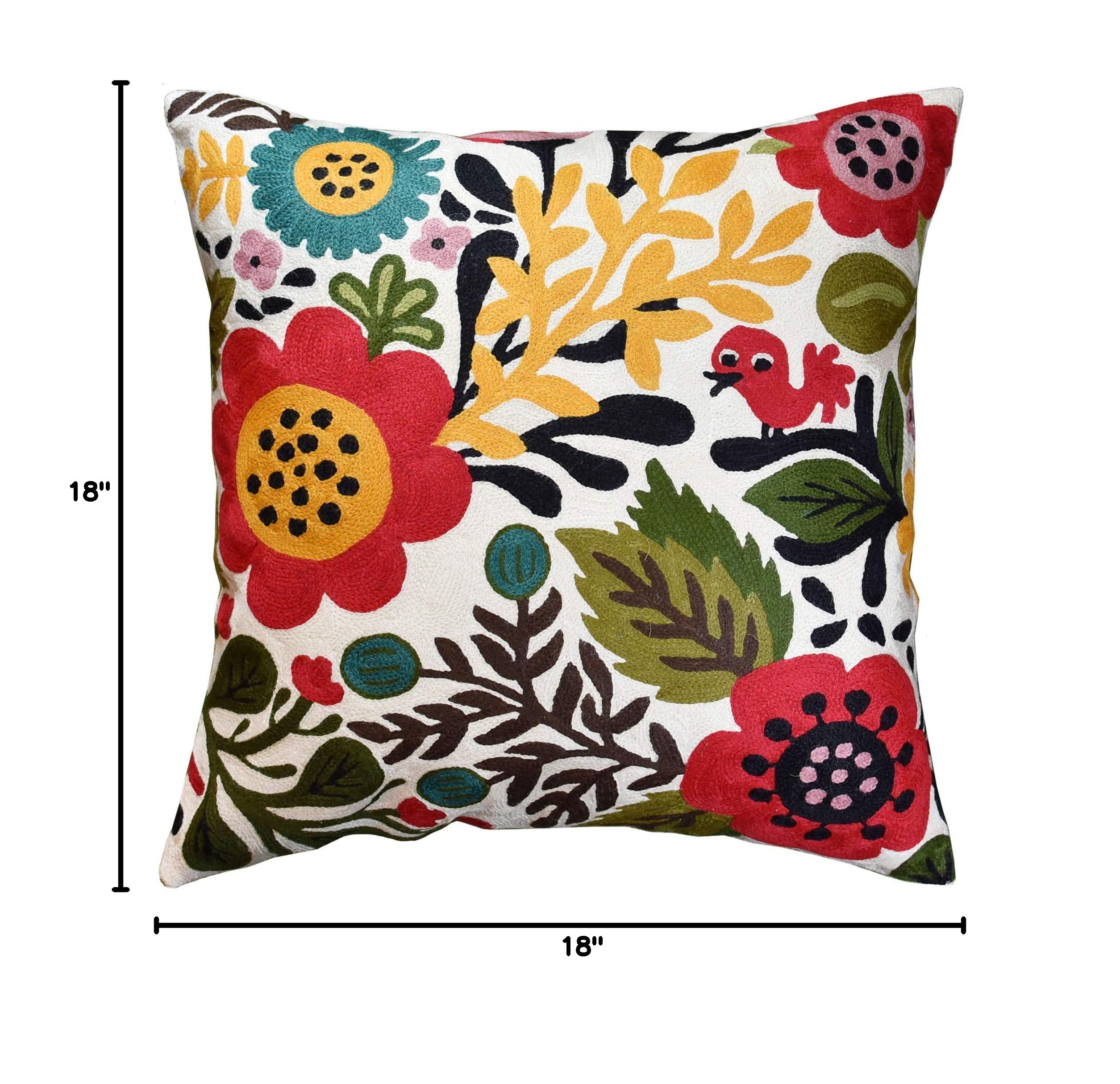 Hand Embroidered Wool Floral Pillow Cover 18x18 Inch - Red Polish Suzani Bird Flower Cushion for Farmhouse Decor, Outdoor Throw Pillow, Chair & Sofa Accent - Perfect for Living Room, Bedroom & Patio