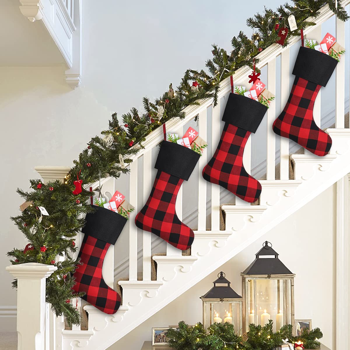 8 Pack Christmas Stockings - 18 Inch Buffalo Plaid Personalized Holiday Stockings for Family, Xmas Party Decorations - Black Cuff with Red & Black Plaid - Perfect for Fireplace Mantel, Gift Exchange & Festive Home Decor