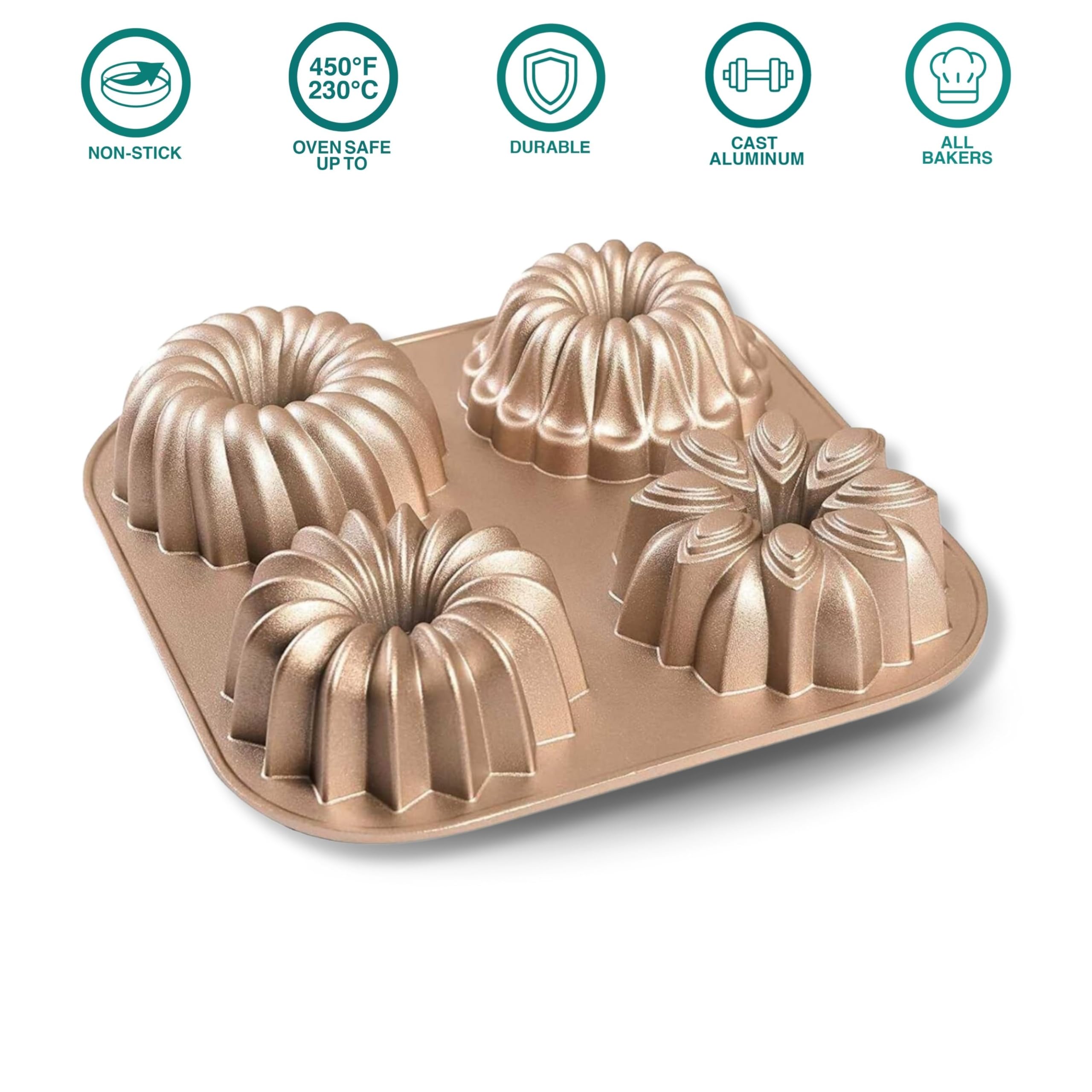 Baker's Secret Nonstick Fluted Cake Pan Set - Heavy Duty Die Cast Aluminum Bundt Pans with 2-Layer Non-Stick Coating for Easy Release - 4 Mini Bundt Cake Pans for Baking, Party Desserts & Holiday Treats