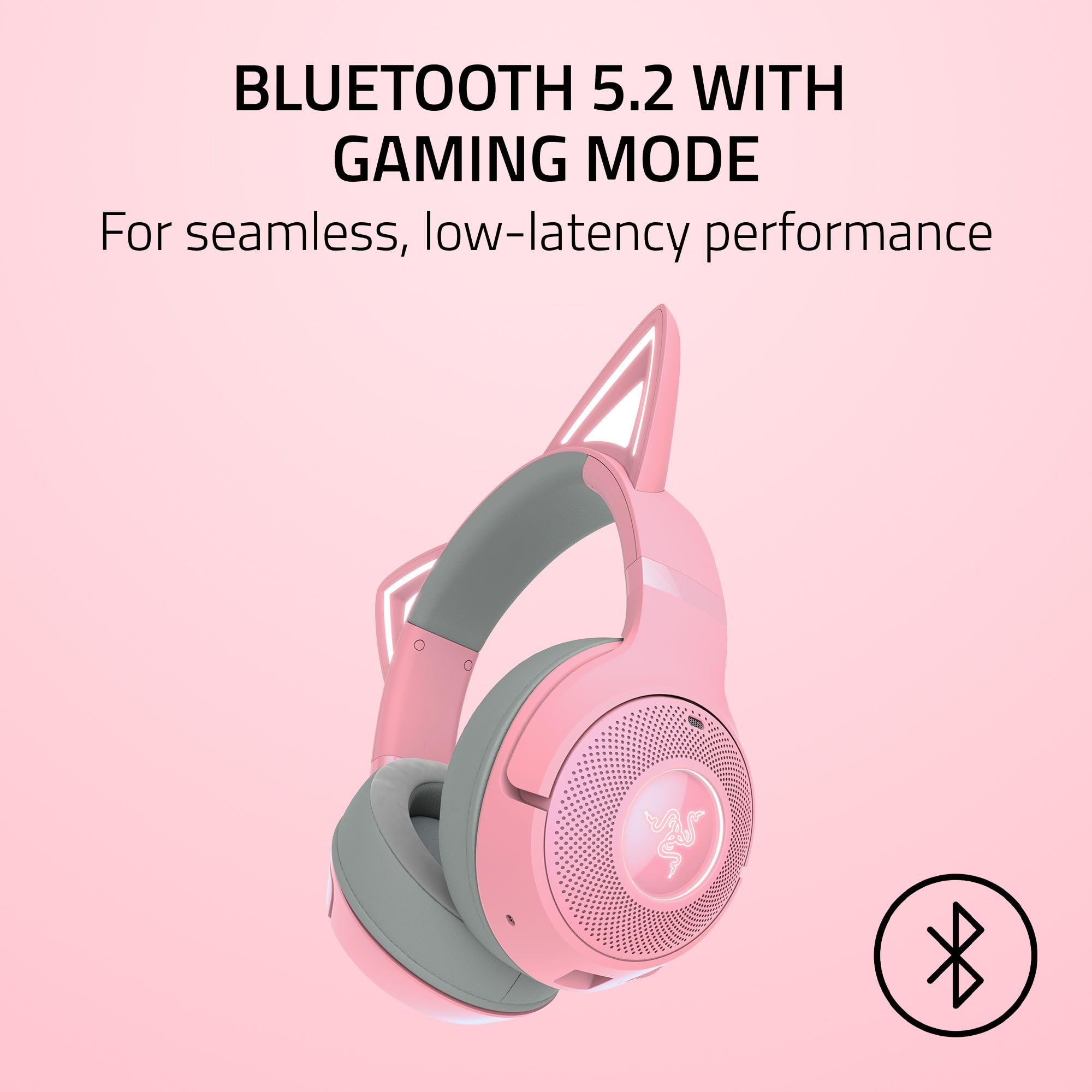 Razer Kraken Kitty V2 BT Wireless RGB Gaming Headset with Chroma Lighting - Bluetooth 5.2, 40mm Drivers, Noise Cancelling Mic - Lightweight Design, 40-Hour Battery, USB-C Charging (Quartz Pink) - Perfect for PC Gaming, Streaming & Mobile Use