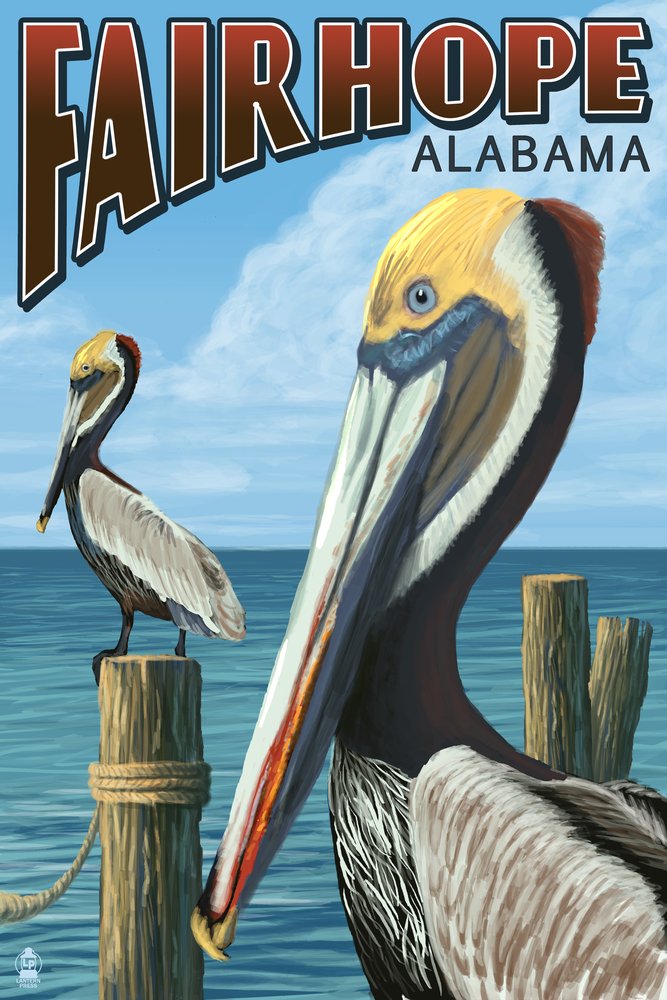 Lantern Press Fairhope Alabama Pelican Scene - 16x24 Wrapped Canvas Wall Art for Living Room, Bedroom & Office Decor