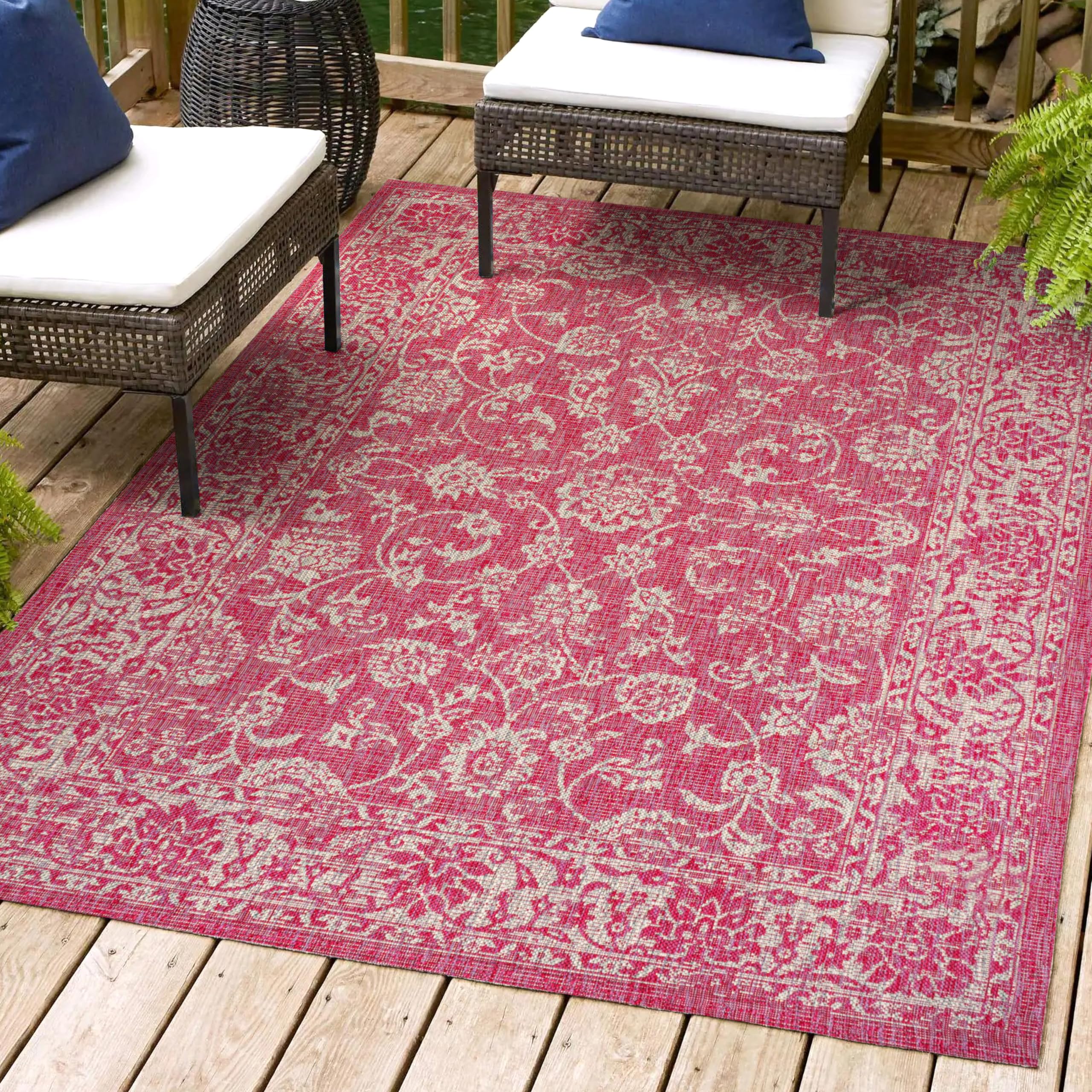 JONATHAN Y SMB100G-9 Bohemian Floral Area Rug - 9'x12' Indoor/Outdoor Textured Weave, Non-Shedding, Easy Clean (Fuchsia/Light Gray) - Perfect for Coastal, Traditional & Transitional Decor in Bedroom, Kitchen, Backyard or Patio